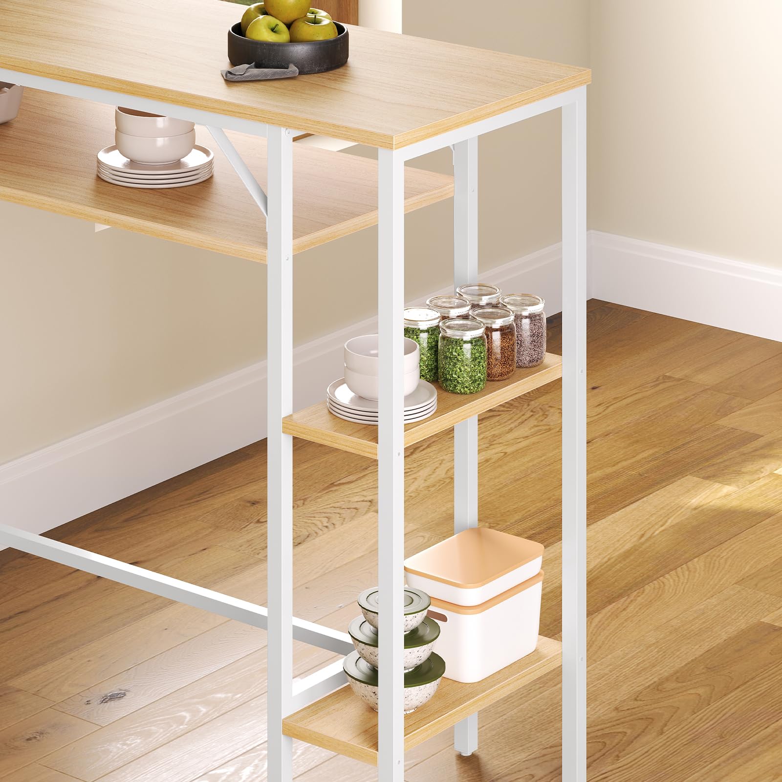 HOOBRO Juego de Mesa y Taburetes de Bar, Mesa Alta para Bar con Estantería de 3 Niveles y 2 Taburetes Redondos, para Cocina, Sala de Estar, Comedor, Blanco y Natural EWN07BT01