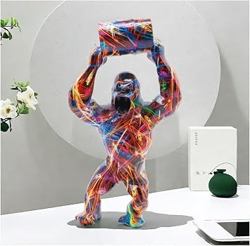 yema Eco-Warrior Gorilla Resin Sculpture Collection Figurine - Oil Drum Graffiti Art Statue, Symbol of Nature Conservation & Urban Decor Raingbow Line