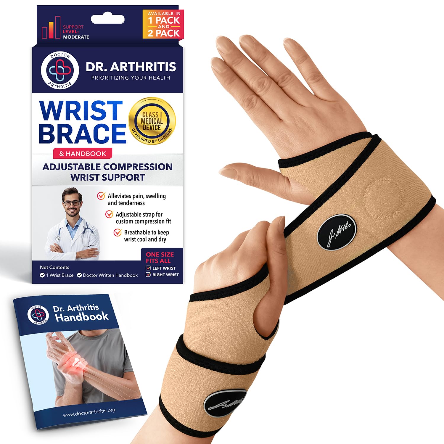 Doctor Developed Wrist Brace - Wrist wrap for Carpal Tunnel Arthritis,Tendonitis, Hand Support - Ideal for Fitness, Weightlifting - Handbook included (Nude, 2 P