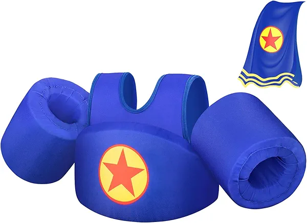 Abuytwo Kids Swim Vest with Cape, Water Wings Toddler Adjustable Shoulder Straps Children Arm Floaties for 22-30-40-50lbs Boys/Girls Swimming Jacket for Pool Learn to Swim Sea Beach Lake Training