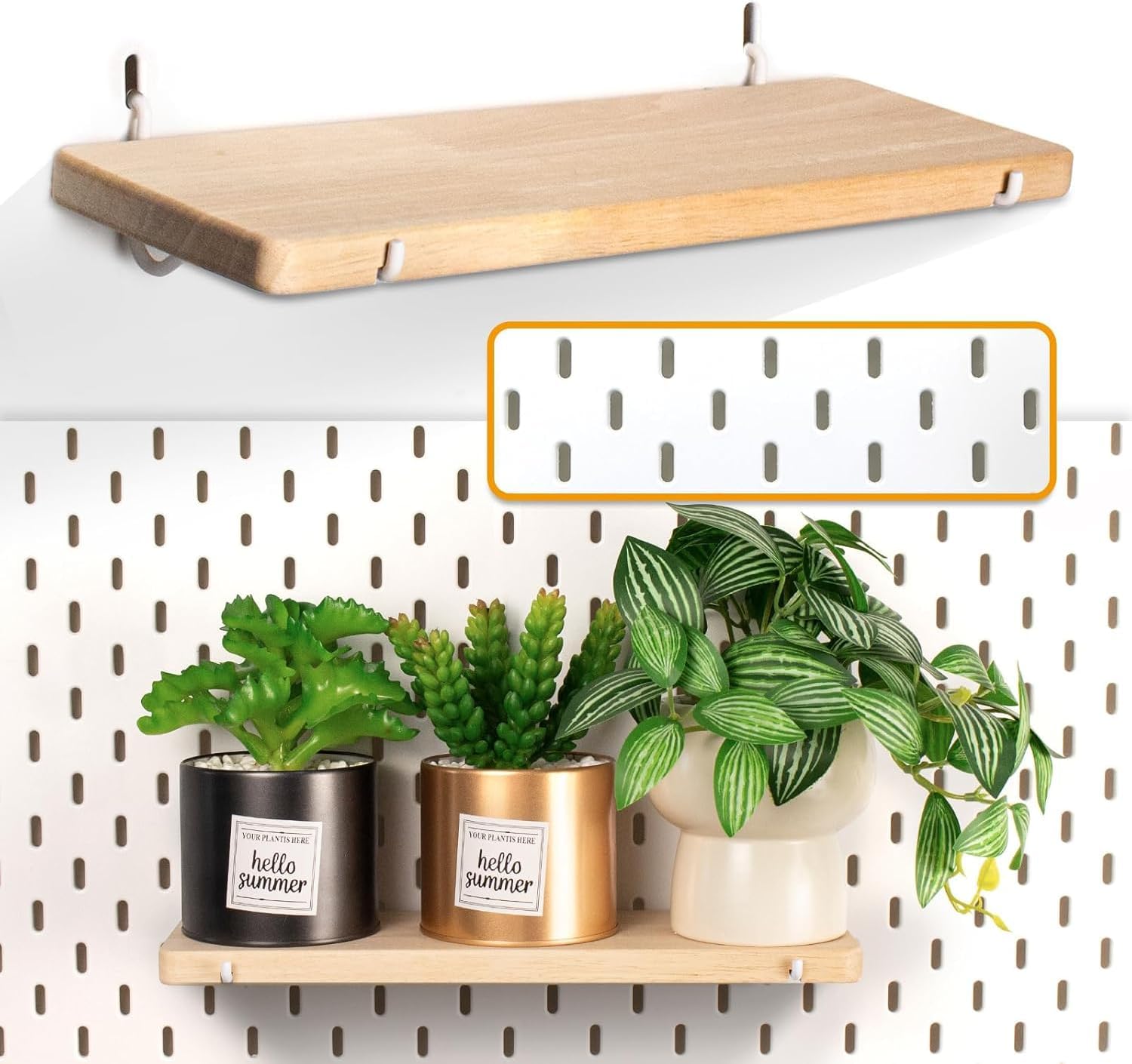 Wooden Pegboard Shelf, Solid Wood Storage Shelf for Oval Pegboard, Natural Wood Color, 11.8 x 3.93 x 0.59 Inch, 15 lbs Capacity, Compatible with IKEA Skadis