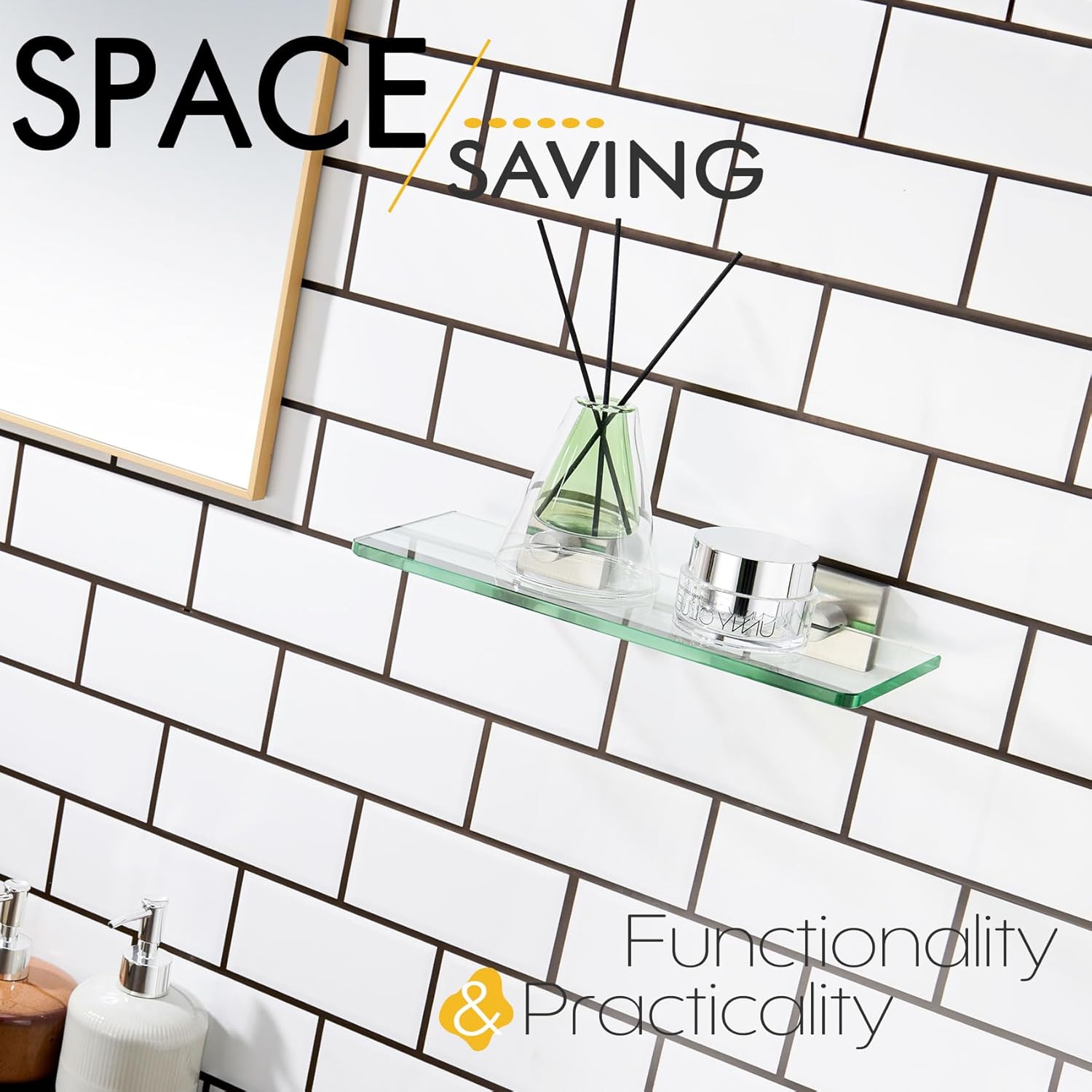 KOKOSIRI Floating Glass Shelf Bathroom Wall Mount Shelves 12-Inch Kitchen Rack for Shower Storage Decor, 2 Pack Brushed Stainless Steel B1107BR-L12-P2