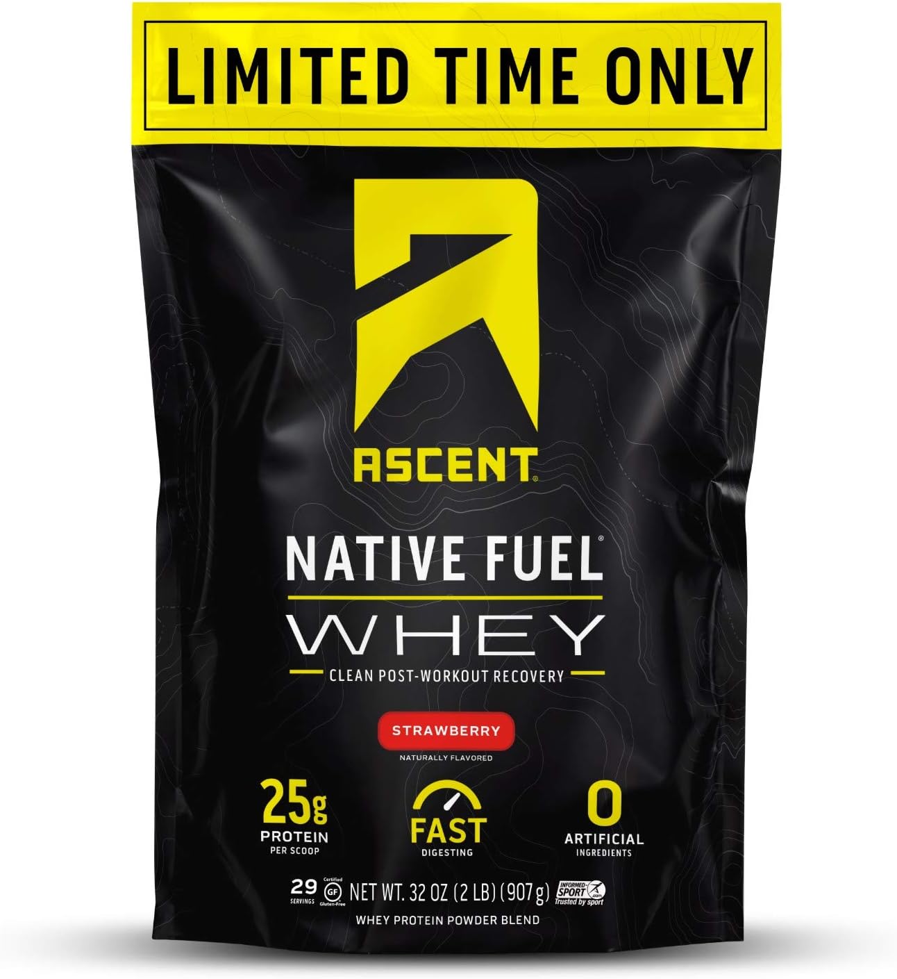 Ascent 100% Whey Protein Powder - Post Workout Whey Protein Isolate, Zero Artificial Flavors & Sweeteners, Gluten Free, 5.5g BCAA, 2.6g Leucine, Essential Amino Acids, Strawberry 1.7 lb