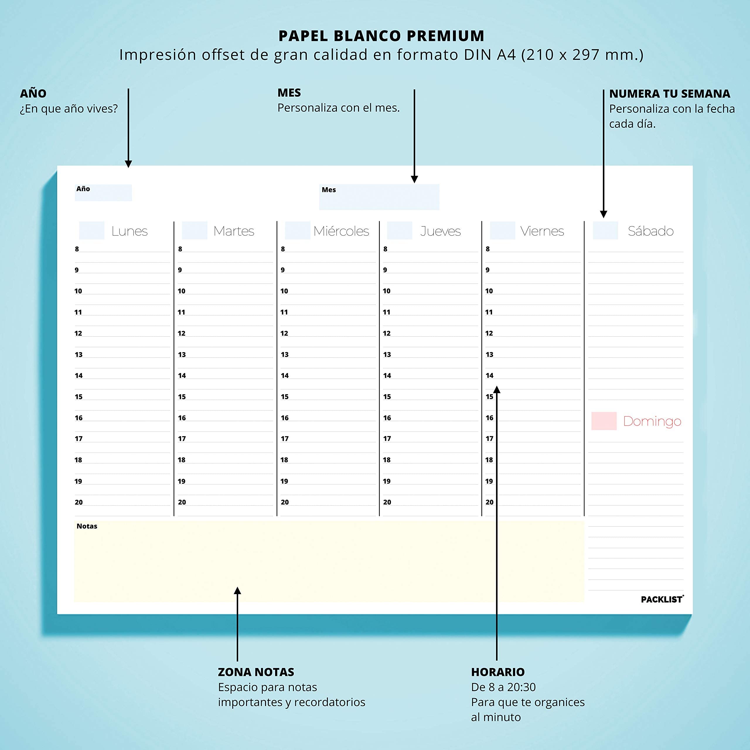 Planificador Semanal sin Fecha. Organizador A4, Planning Escritorio - Regalo Original - Agendas y Calendarios de Diseño Exclusivo