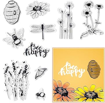 Bee Happy Nest Dragonfly Clear Stamp Silicone Stamp Cards with Sentiments, Flowers, Butterfly,Greeting Words Pattern for Holiday Card Making Decoration and DIY Scrapbooking Album DIY Crafts