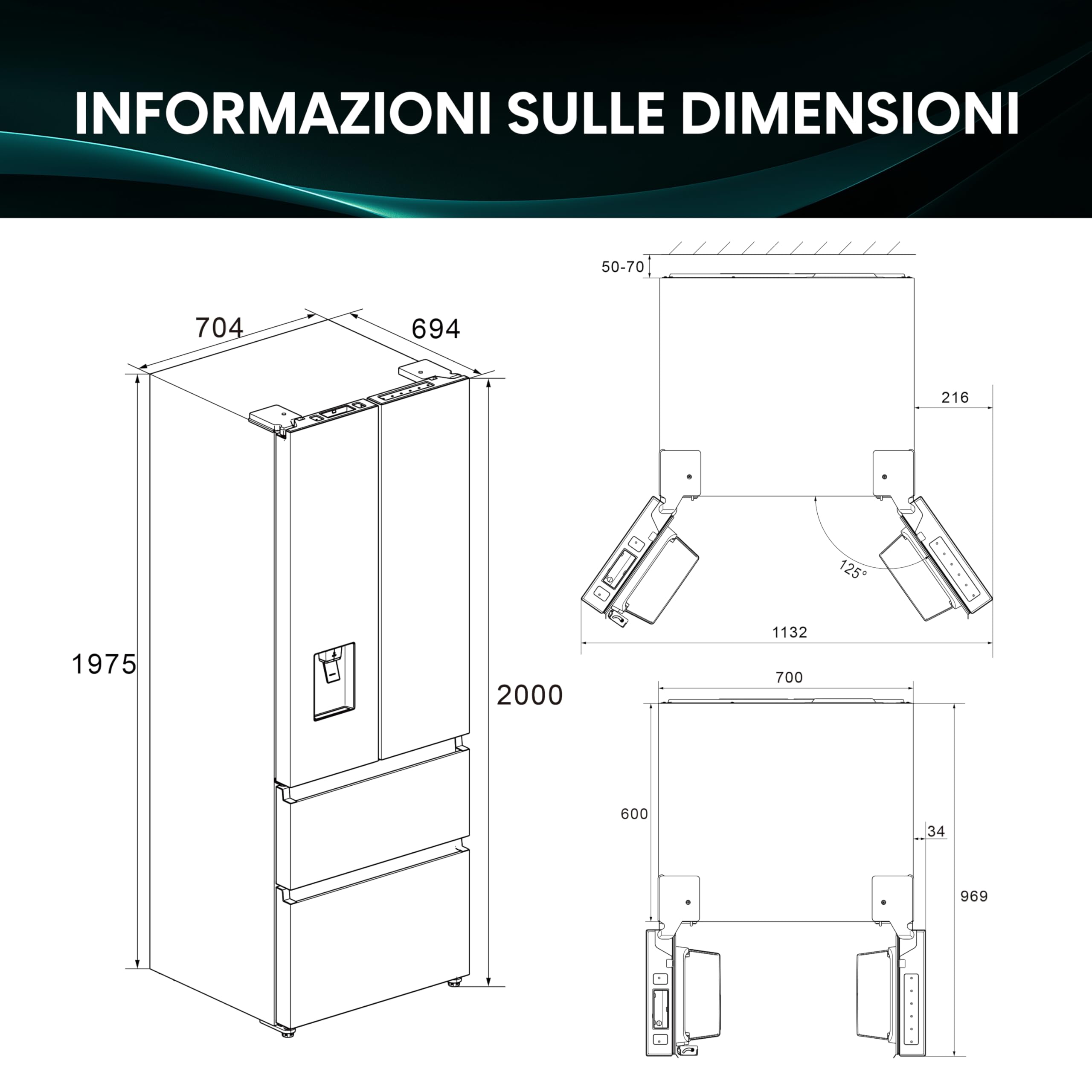 Hisense RF632N4WFE1 Frigorifero French Door, 485 Litri, Ridotta Profondità 70 Cm, Black, Metal cooling, Total No Frost, Classe Energetica E