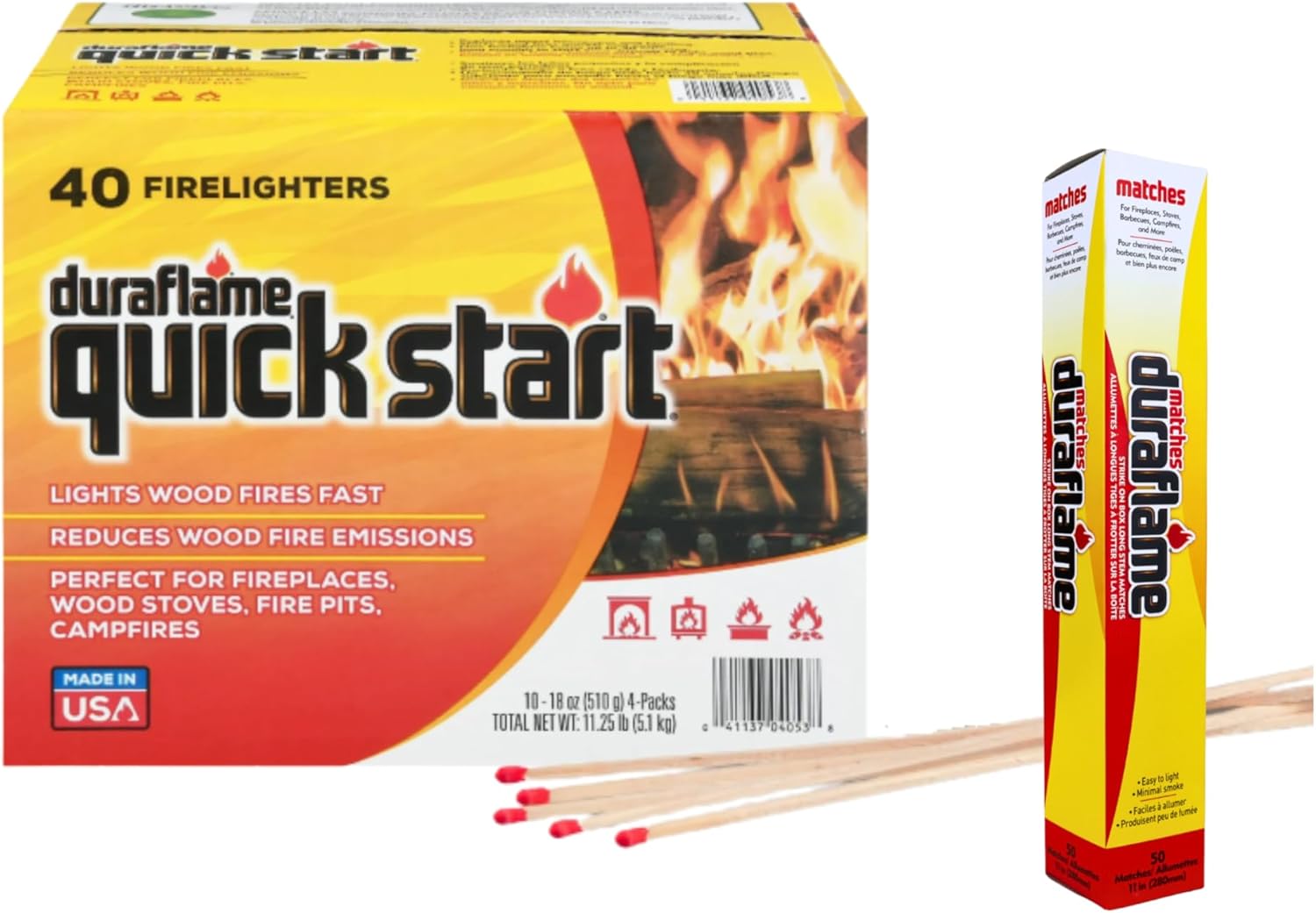 Duraflame Quick Start Firelighters – Easy, Fast-Starting Fire Starters Made with Wax & Recycled Biomass Fibers for Fireplaces, Fire Pits, Wood Stoves & Campfires (10 Pack + Matches)