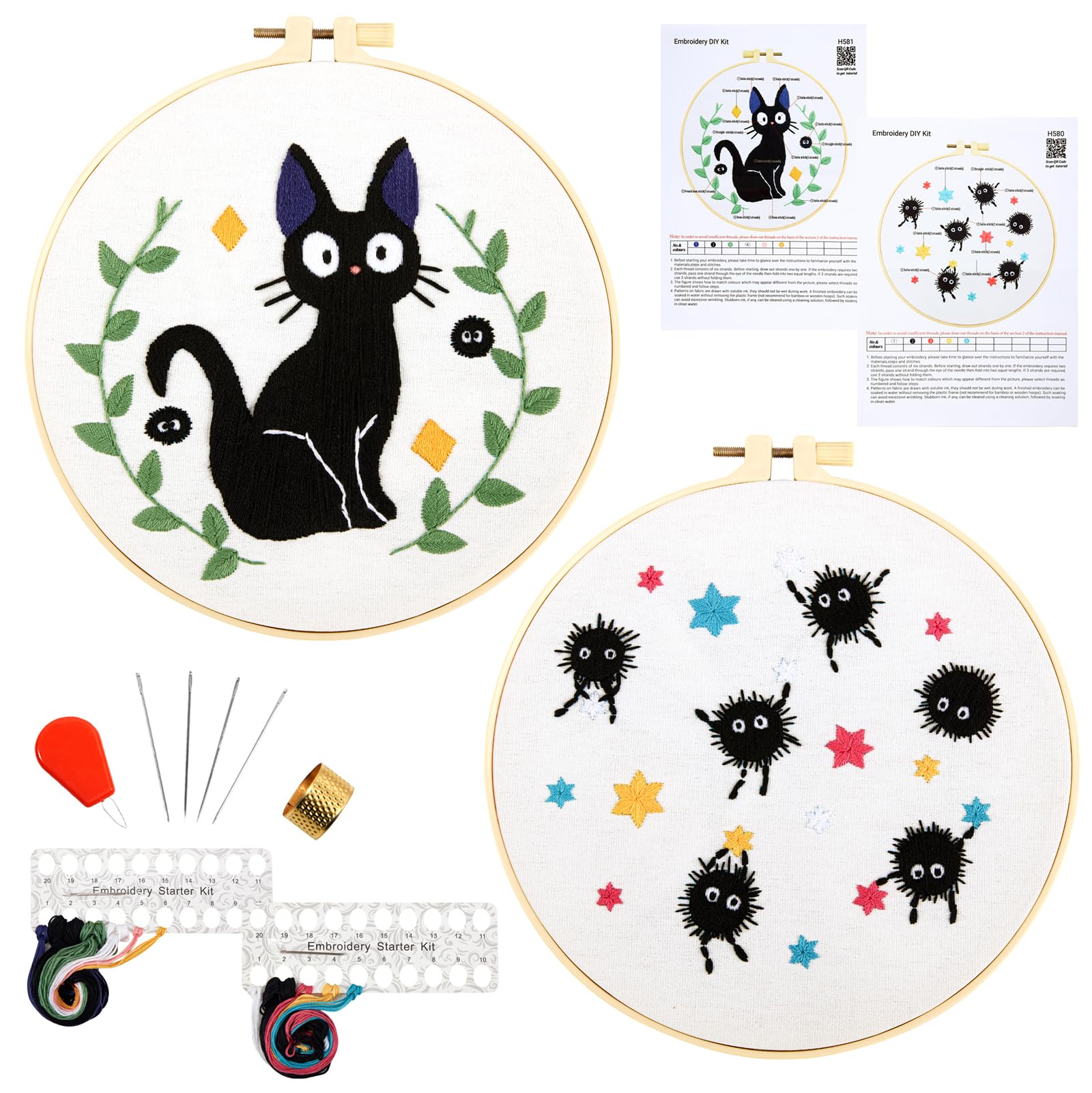 Cat Embroidery Starter Kit for Beginners Adults, Animal Stamped Cross Stitch Kit for Adult Beginner, Hand Embroidery Needlepoint Kits, 2 Set Embroidery Supply, 2 Hoops (Attached Video Tutorial)