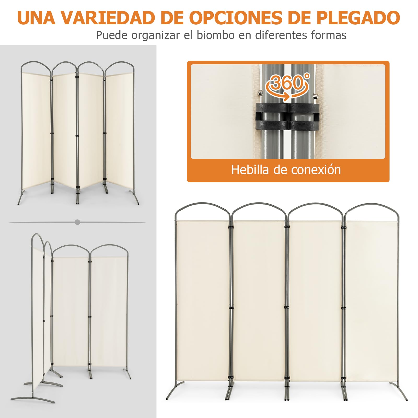 GOPLUS Biombo Separador de Ambientes de 6/4 Paneles, Biombo Plegable para Privacidad con Marco de Metal, Divisor de Habitación Portátil para Salón Dormitorio Oficina (Blanco, 4 Paneles, 221 x 188 CM)
