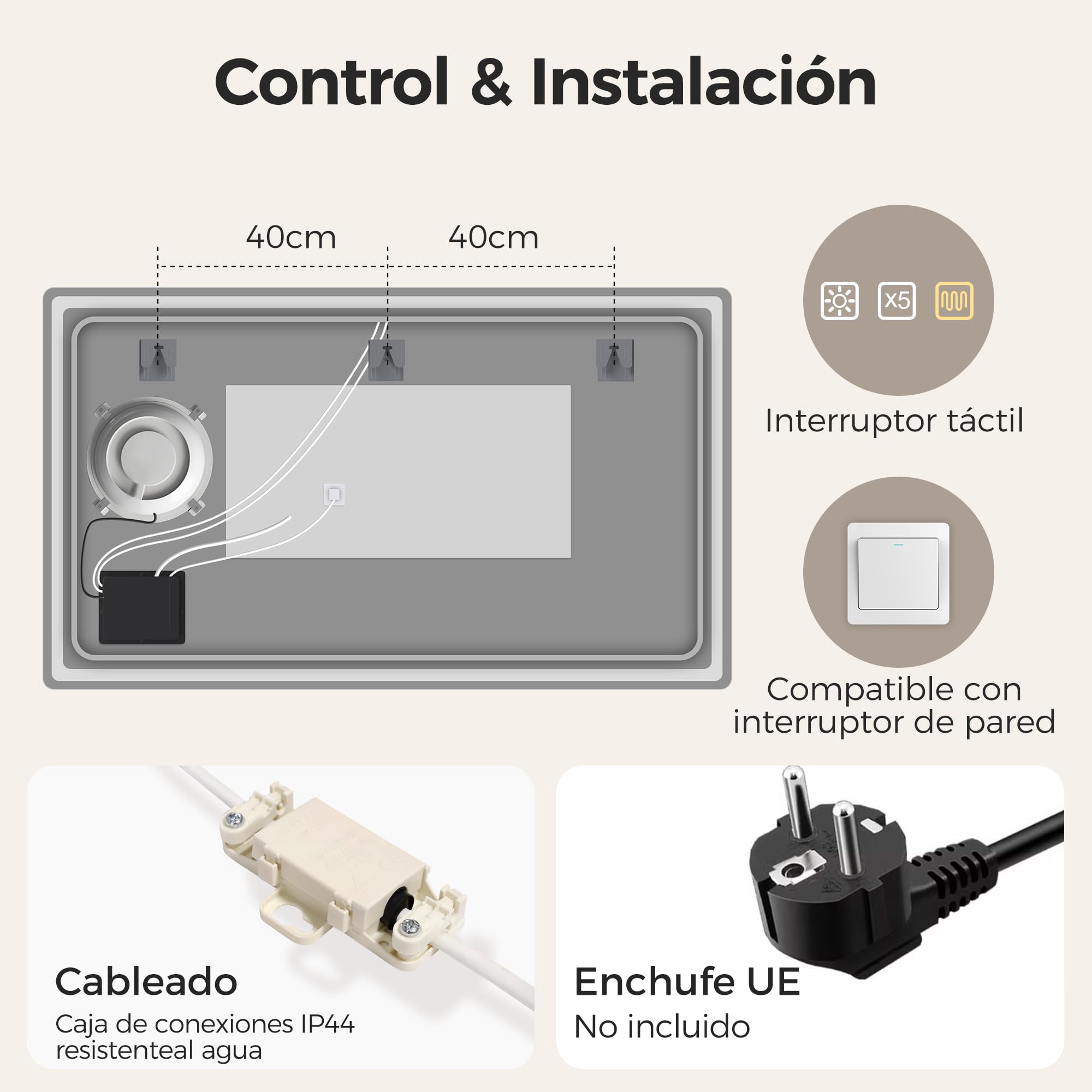 STARLEAD 70x120cm Espejo Baño con Luz LED, Aumento 5X y Antivaho | Regulable, 3 Colores 3000K-6500K, Memoria, IP44, Vidrio Templado, CRI>90, Control Táctil, Montaje en Pared