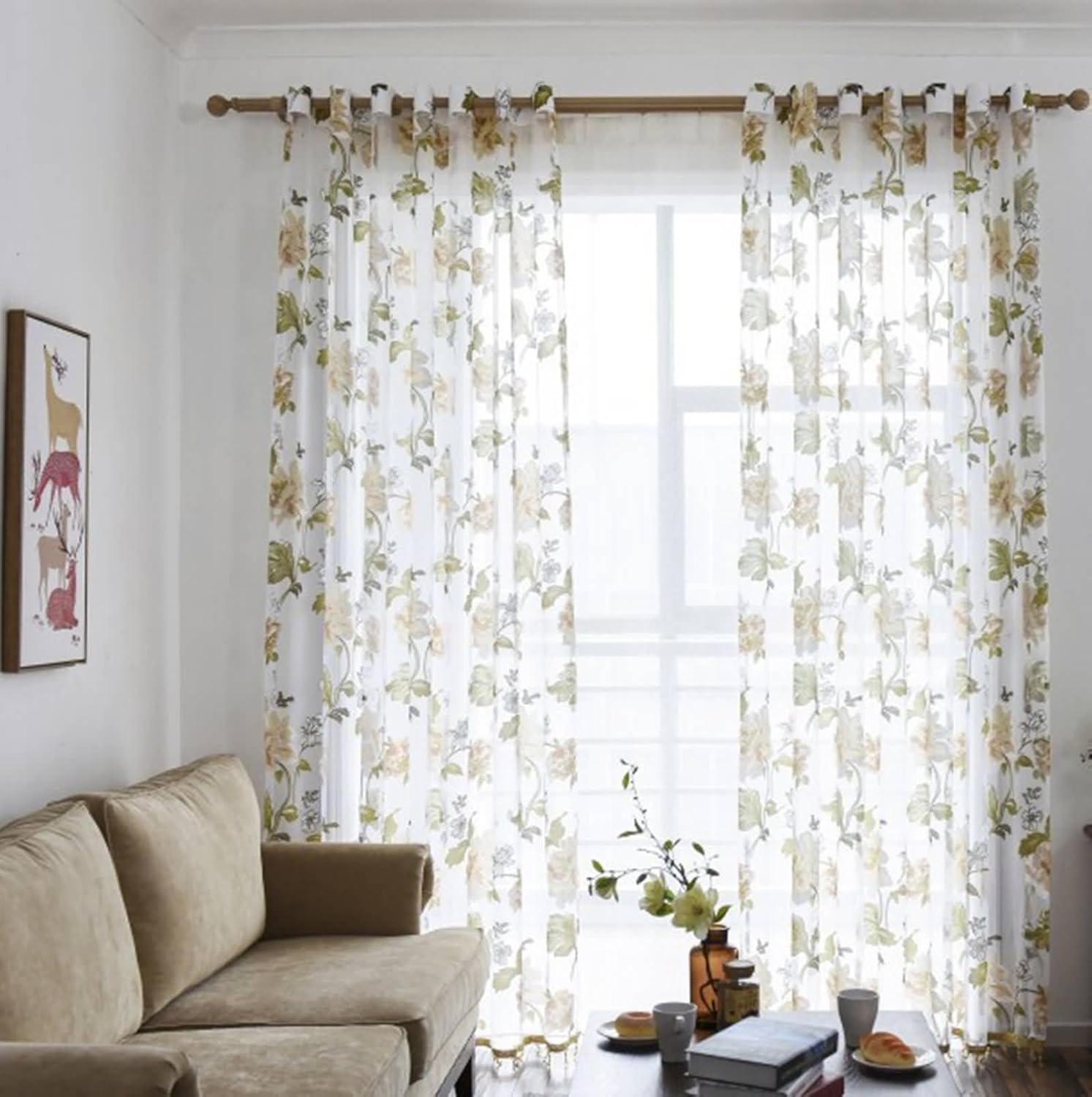 Sheer Drapes for Bedroom, Flower Pattern Net Sheer Curtain, Yellow, 52W x 45L inch