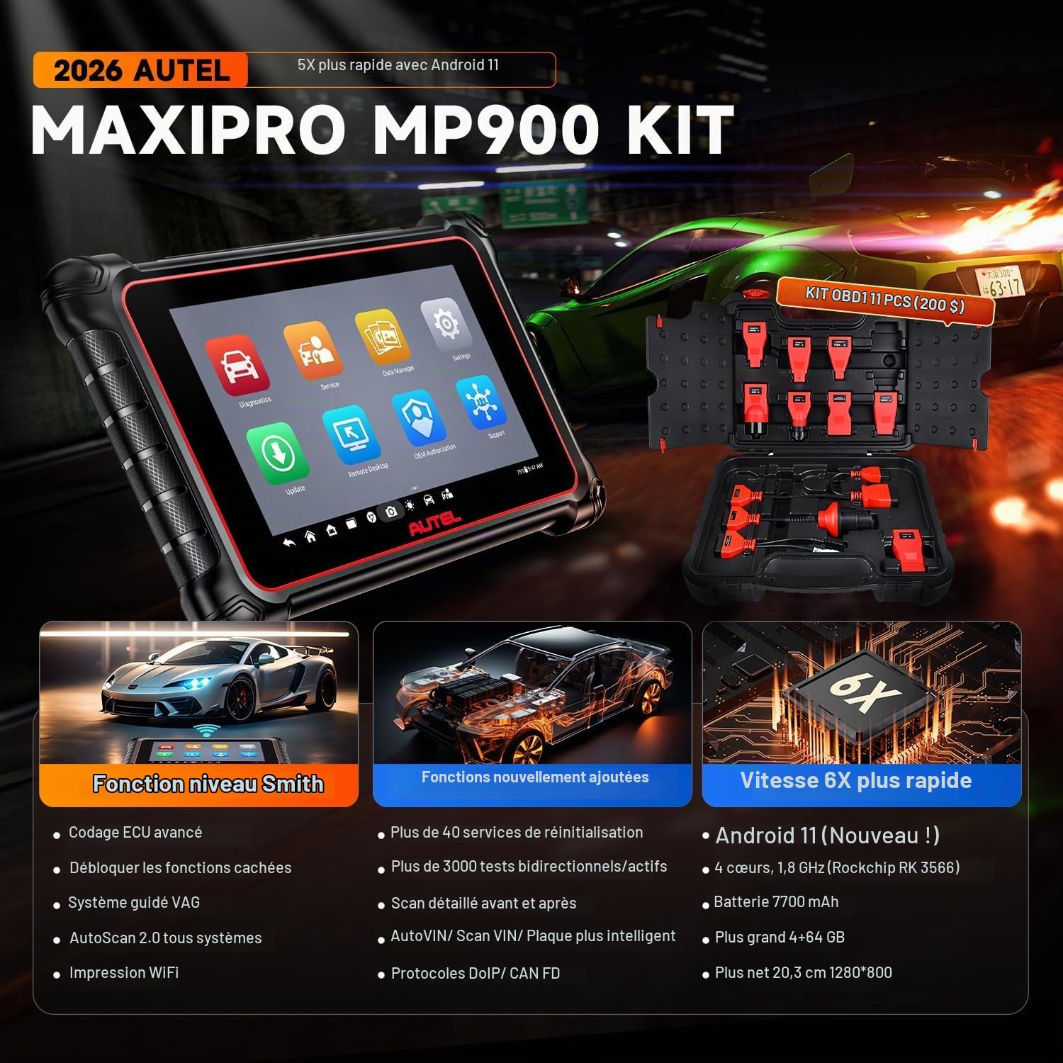 Autel MaxiPRO MP900 KIT Valise Diagnostic Auto, Codage ECU, 11 Câbles OBD1