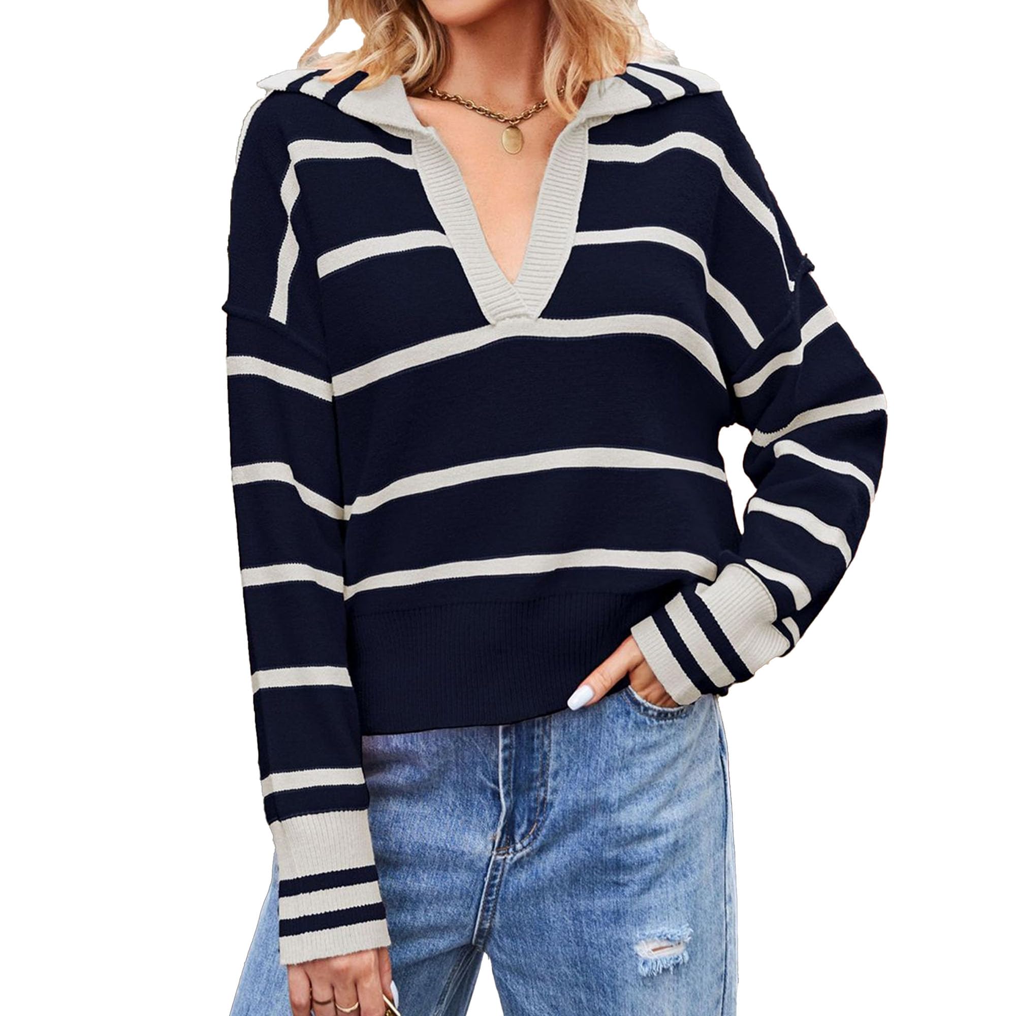 Pull à col V Color Block pour Femmes Décontracté à Rayures Mode - 4