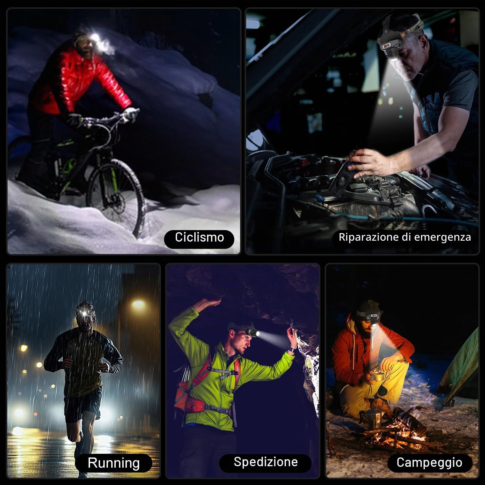 Lampada Frontale Super Luminosa, Potente con Sensore e Regolabile a 90° | 9 Modalità di Illuminazione, Extra lungo Autonomia, IPX4 Impermeabile, Perfetta per Campeggio, Ciclismo, Pesca