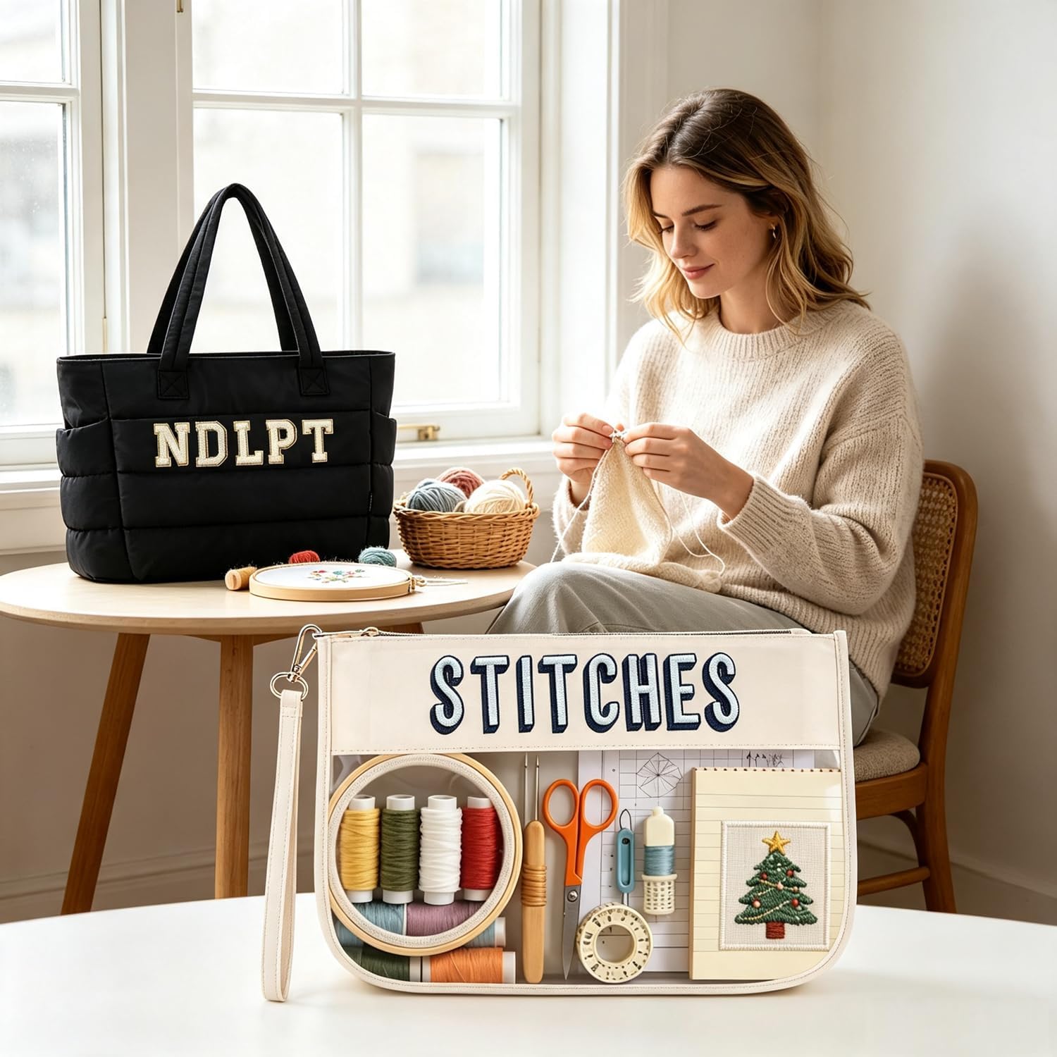 RF REENFAYA Needlepoint Tote Bag with Clear Zipper Pouch-Black/Beige