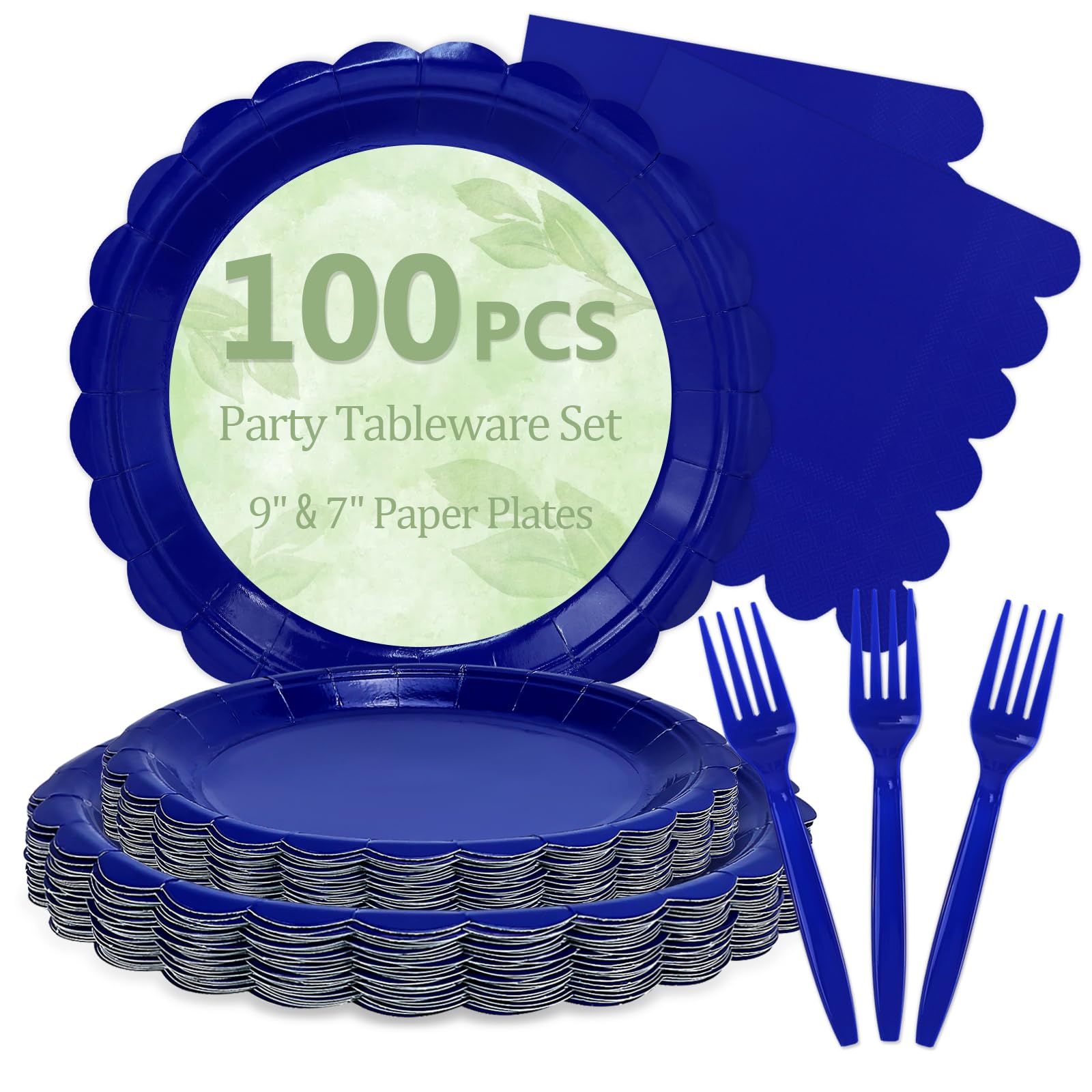 100 Royal Blue Paper Plates and Napkins Disposable for Party, 25-9"&amp;25-7"