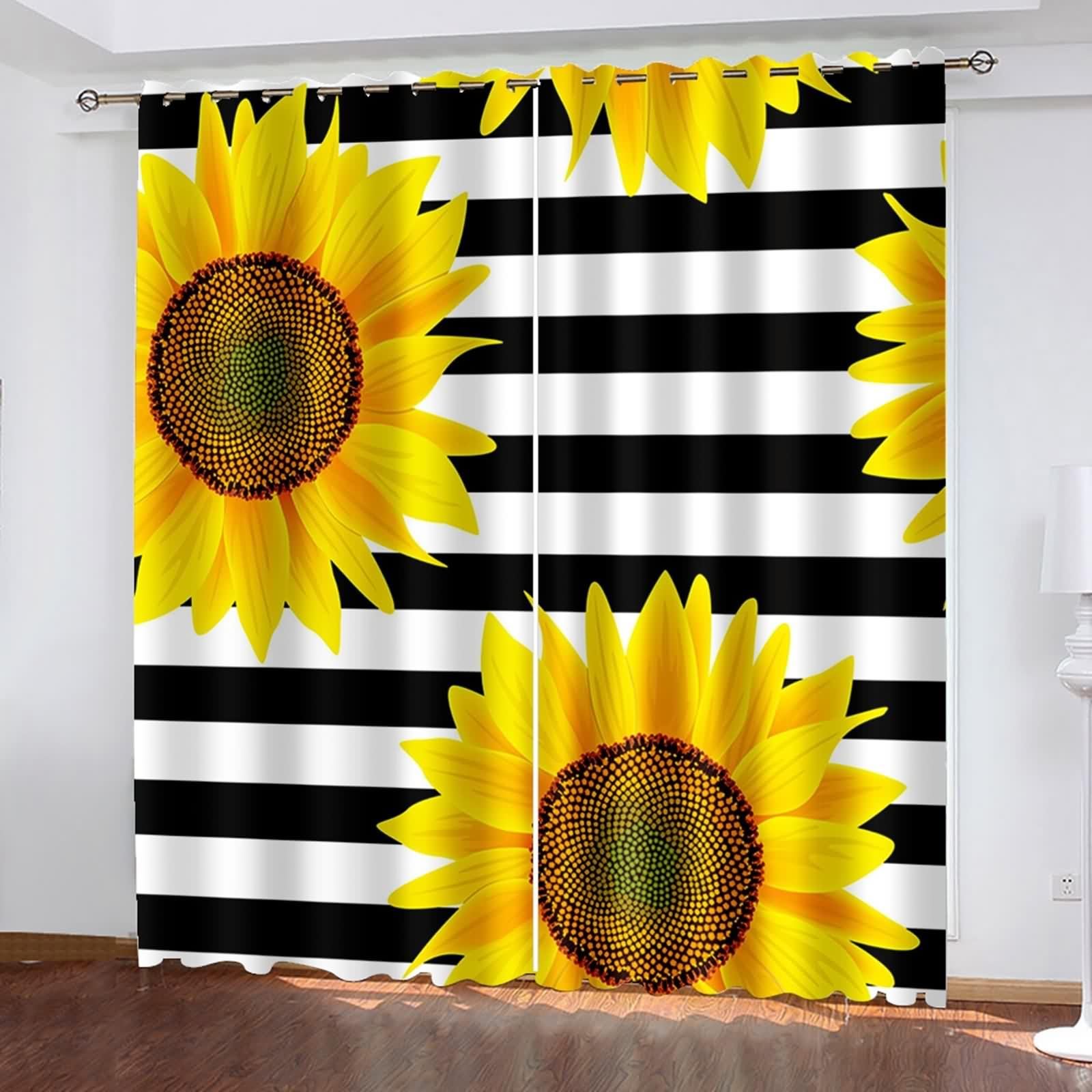 Rideau Fenetre Chambre, Rideau Anniversaire Jaune Noir Blanc Polyester Tournesols sur Fond Rayé 102L x 229H CM Lot de 2
