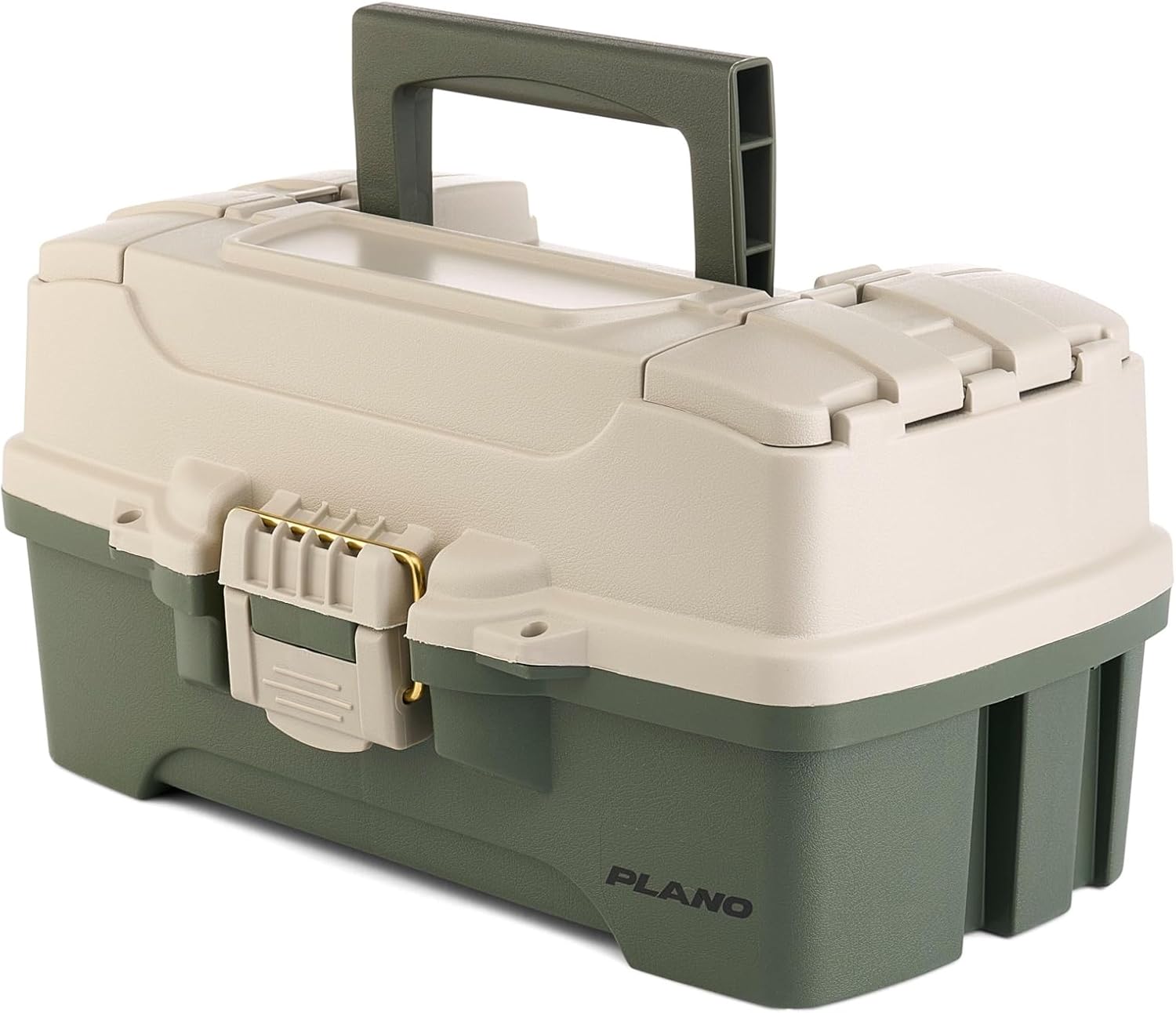 Plano One-Tray Tackle Box, Green/Tan, Rust-Proof Brass Latch, Top-Access Tray with Deep Storage, Made in the USA, Portable Fishing Gear Storage Organizer