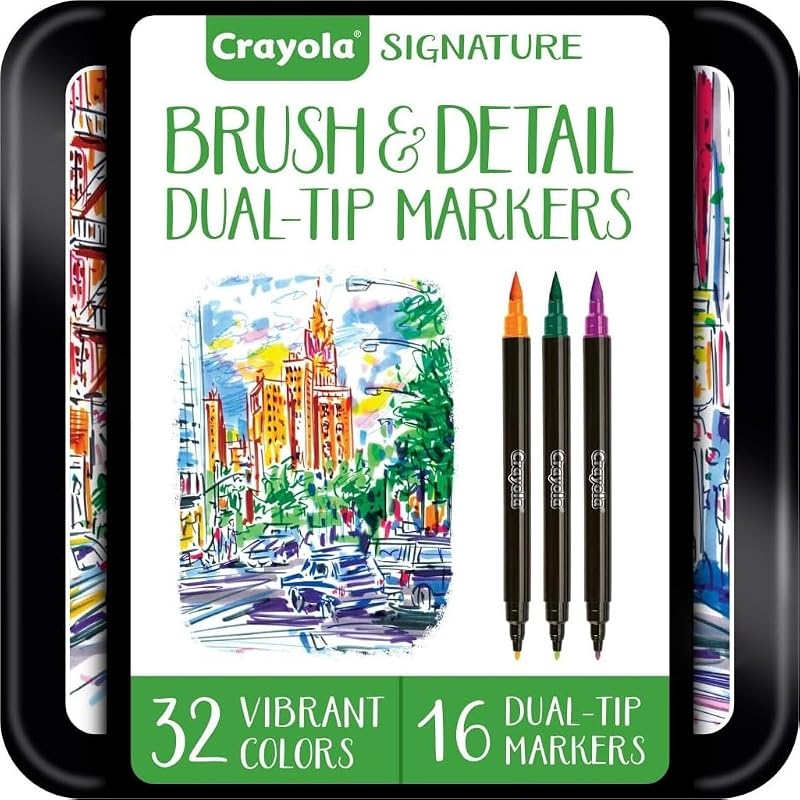 Brush & Detail Dual Tip Marker Set, 16 Markers, 32 Colors, Adult Coloring Markers, Gifts for Teens & Adults