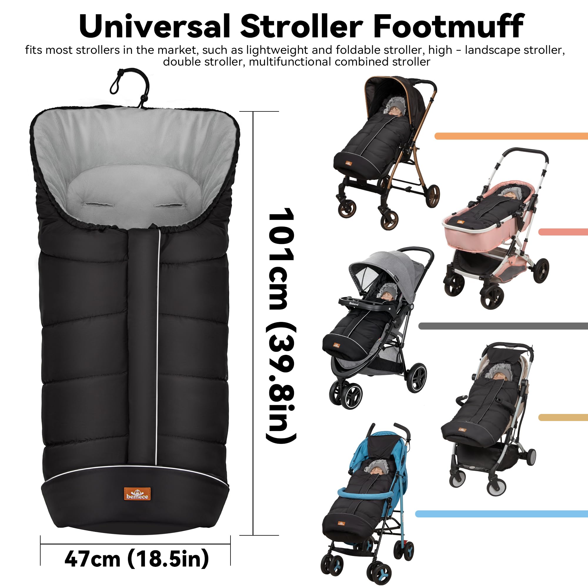 Bemece Footmuff for Pushchair Universal Winter Baby Pram Footmuff with Zip, Windproof Stroller Footmuff Cosy Toes, Warm Fleece Fabric - Image 2