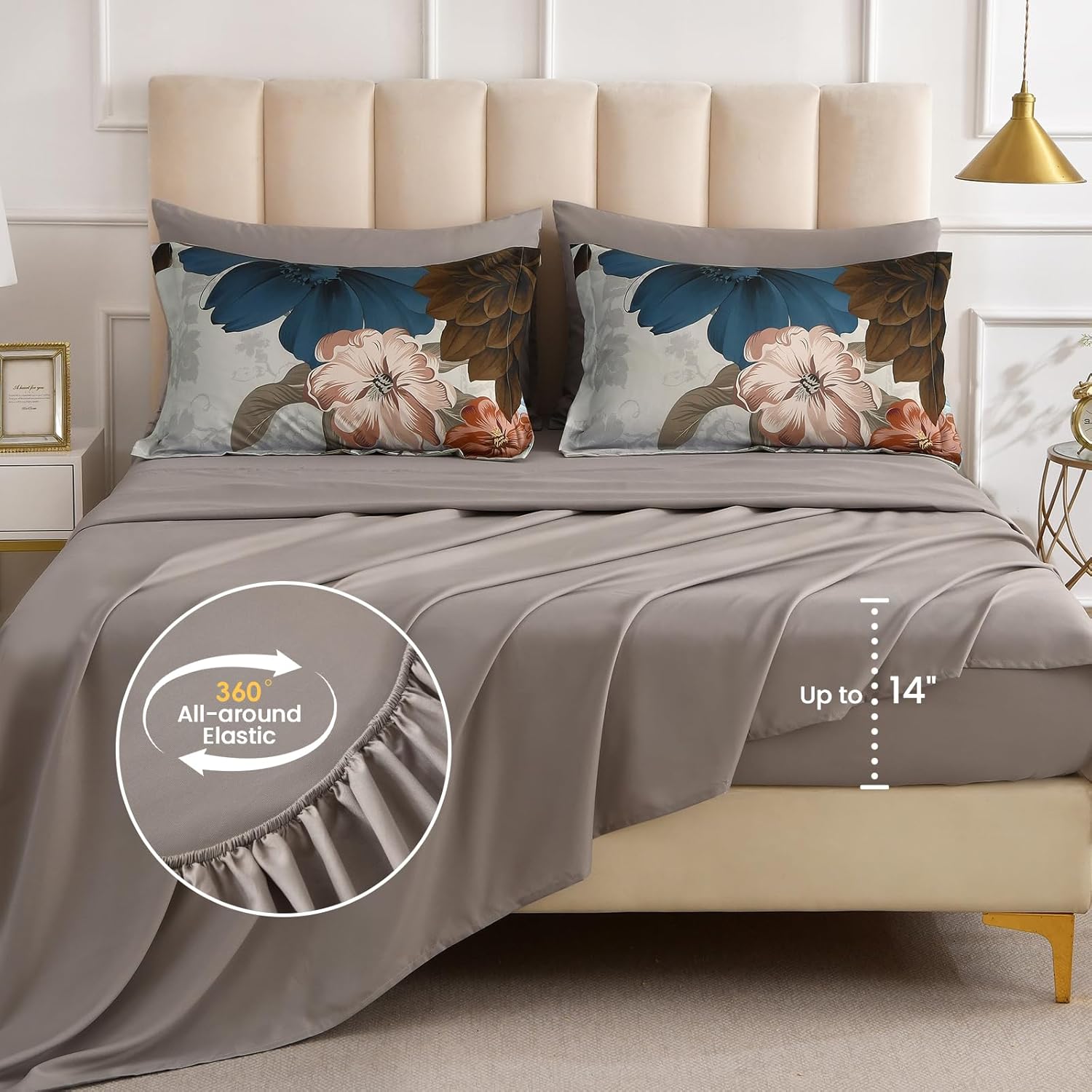 WONGS BEDDING Floral Comforter Set King Size, 7 Pieces Bed in a Bag Bedding Set, Grey and Blue Flower Comforter Soft Microfiber for All Season with Pillowcases & Shams,Sheets(90"×90")