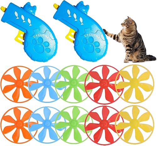 12 piezas de juguetes para gatos voladores, lanzador de platillos para interiores, juguetes de disco para entrenamiento con hélices coloridas