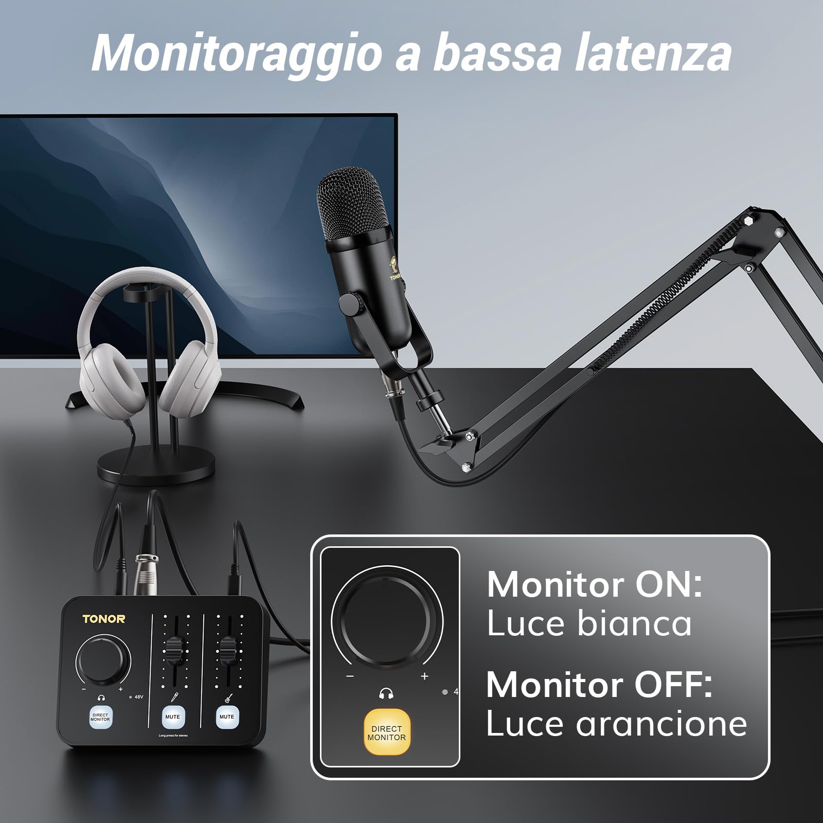 TONOR Podcast Equipment Bundle, Mixer Audio con Microfono Dinamico di Boom Arm Set, Microfono XLR con Interfaccia Audio da Studio, Pacchetto all-in-one per Podcasting, Streaming, Registrazione POD-1