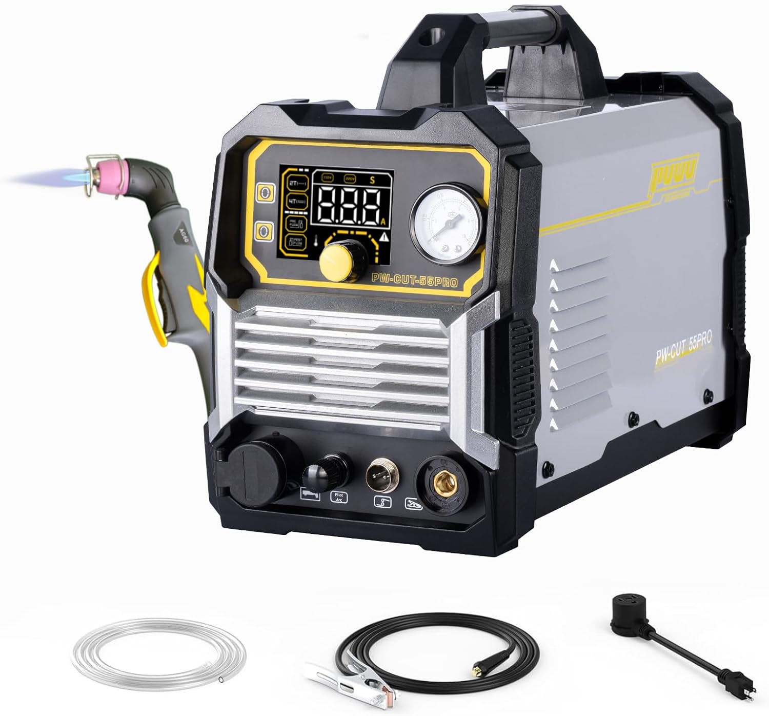 Plasma Cutter 55Amp High Frequency Non-Touch Pilot Arc,Digital Display IGBT Inverter 110/220V Dual Voltage Blowback Plasma Cutting Machine,2T/4T，5/8” Clean Cutting Thickness，PA/PT Adjustable