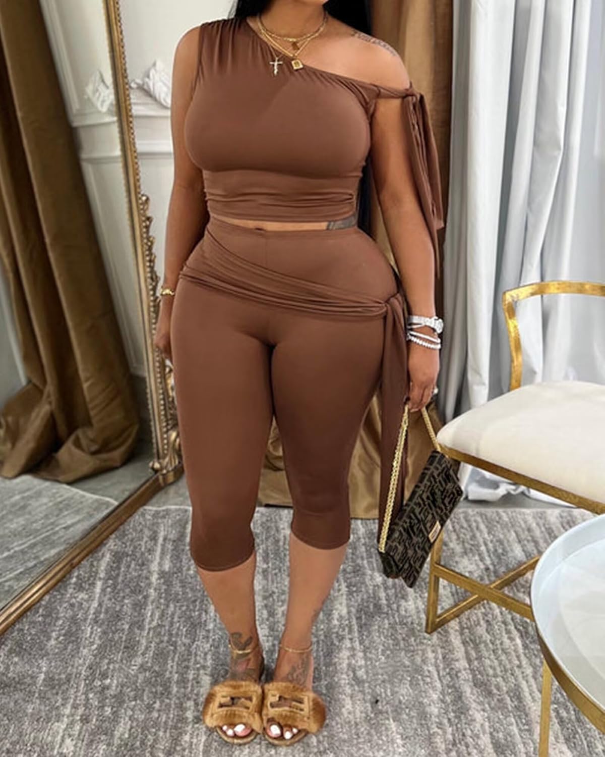 CXXQ Sexy 2 Piece Outfits Off Shoulder Self Tie Crop Tops and Capri Legging Set Tracksuits Clubwear - Image 3