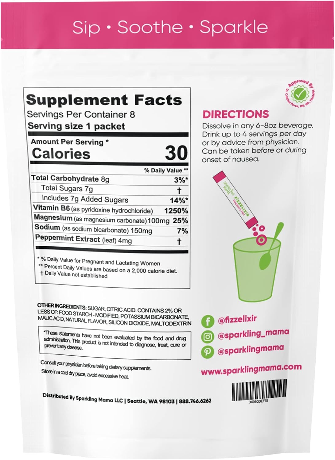 Sparkling Mama Fizzelixir | USA Made. Effervescent Drink Mix Settles The Stomach Ideal for Pregnancy Especially 1st Trimester (Vitamin B6, Magnesium & Folic Acid), (Raspberry Mint (8 Sticks))