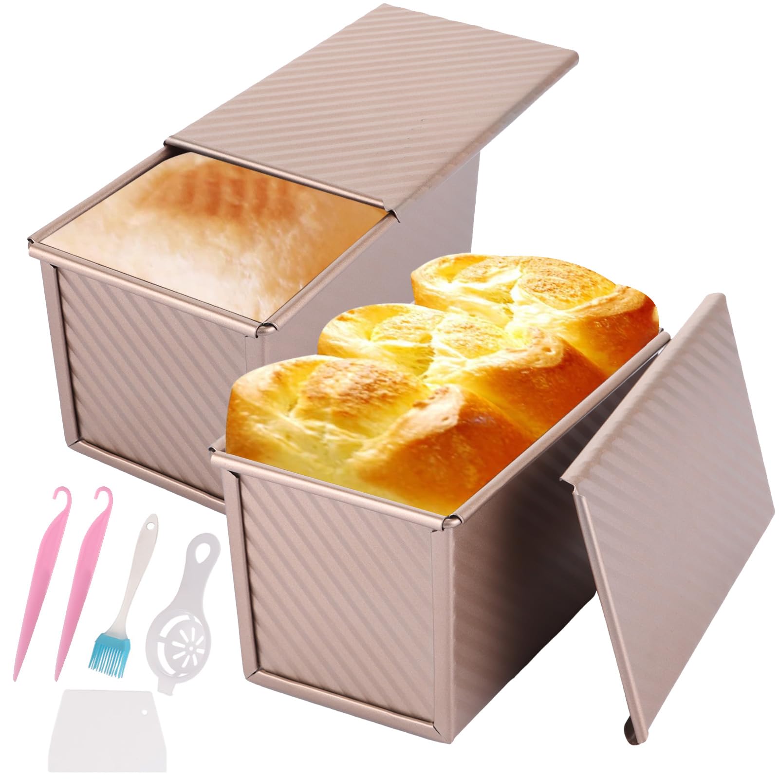 Acrux7 Paquete de 2 moldes para pan con tapa, capacidad de masa de 1 libra antiadherentes para hornear pan, caja de pan corrugado de acero al carbono con tapa para hornear pan, con juego de