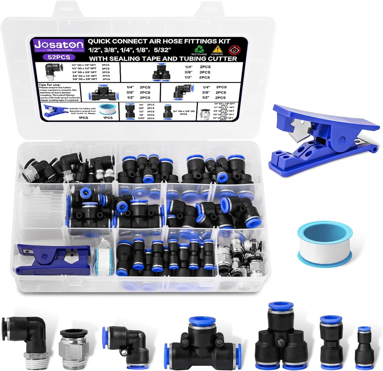 52 Pcs Quick Connect Air Hose Fittings Kit, Josaton Air Line Quick Connect Fittings, 1/2, 3/8, 1/4, 1/8，5/32 Pneumatic Fittings, NPT Male Thread Push to Connect Fittings, with Sealing Tape