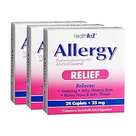 HealthA2Z Allergy Relief | Diphenhydramine HCL 25mg | Antihistamine | Relief from Itchy Throat, Sneezing, Runny Noses | Indoor & Outdoors Allergies (3 Pack x 24 Caplets (72 Total))