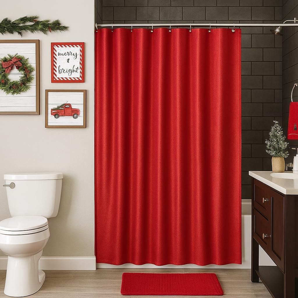 Serafina Home Christmas Holiday Decorative Luxury Red Fabric Shower Curtain for Bathroom: Shimmering Textured Jacquard Cloth, 12 Rollerball Hooks