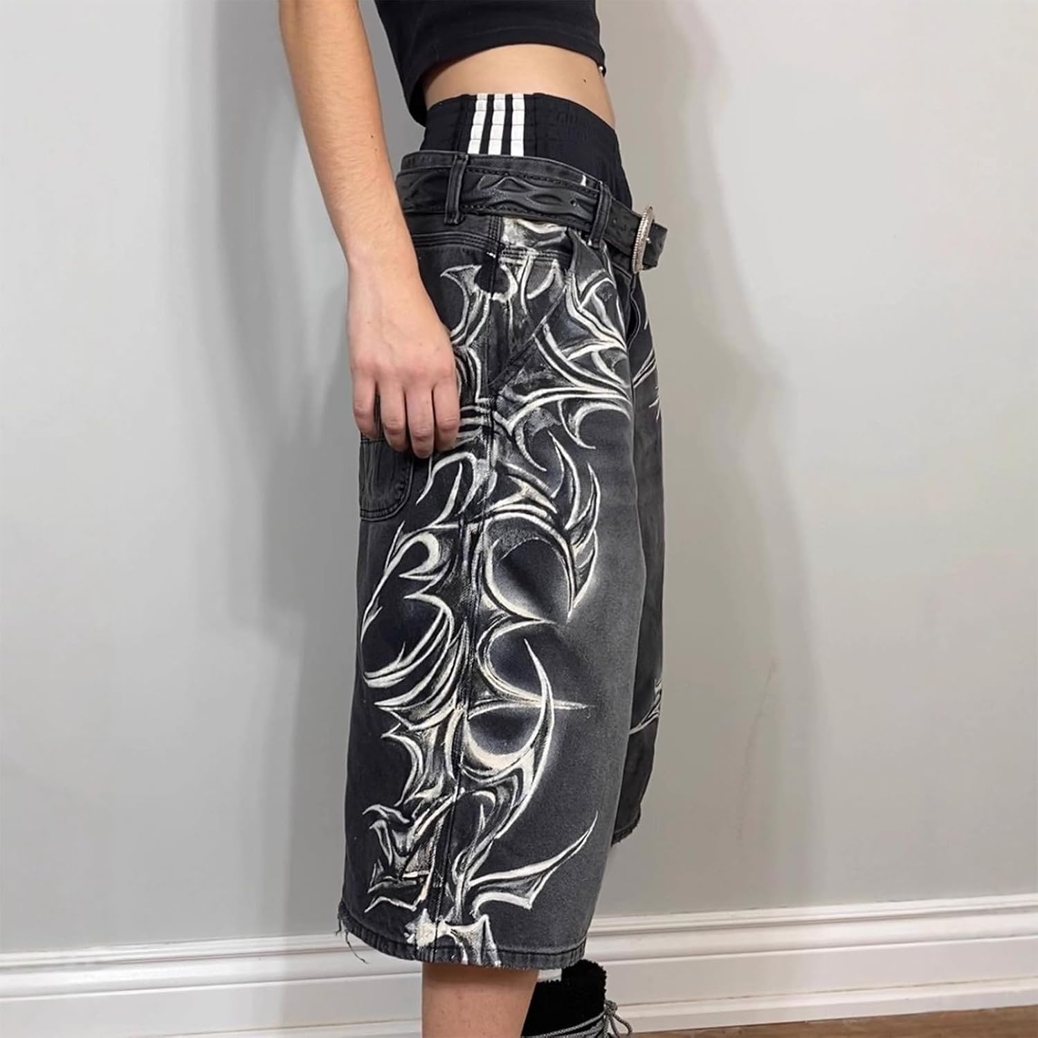 Y2K Jorts Graphic Gothic Emo Baggy Denim Shorts Frade Washed Hip Pop Streetwear Skater Wide Leg Jorts 2000S