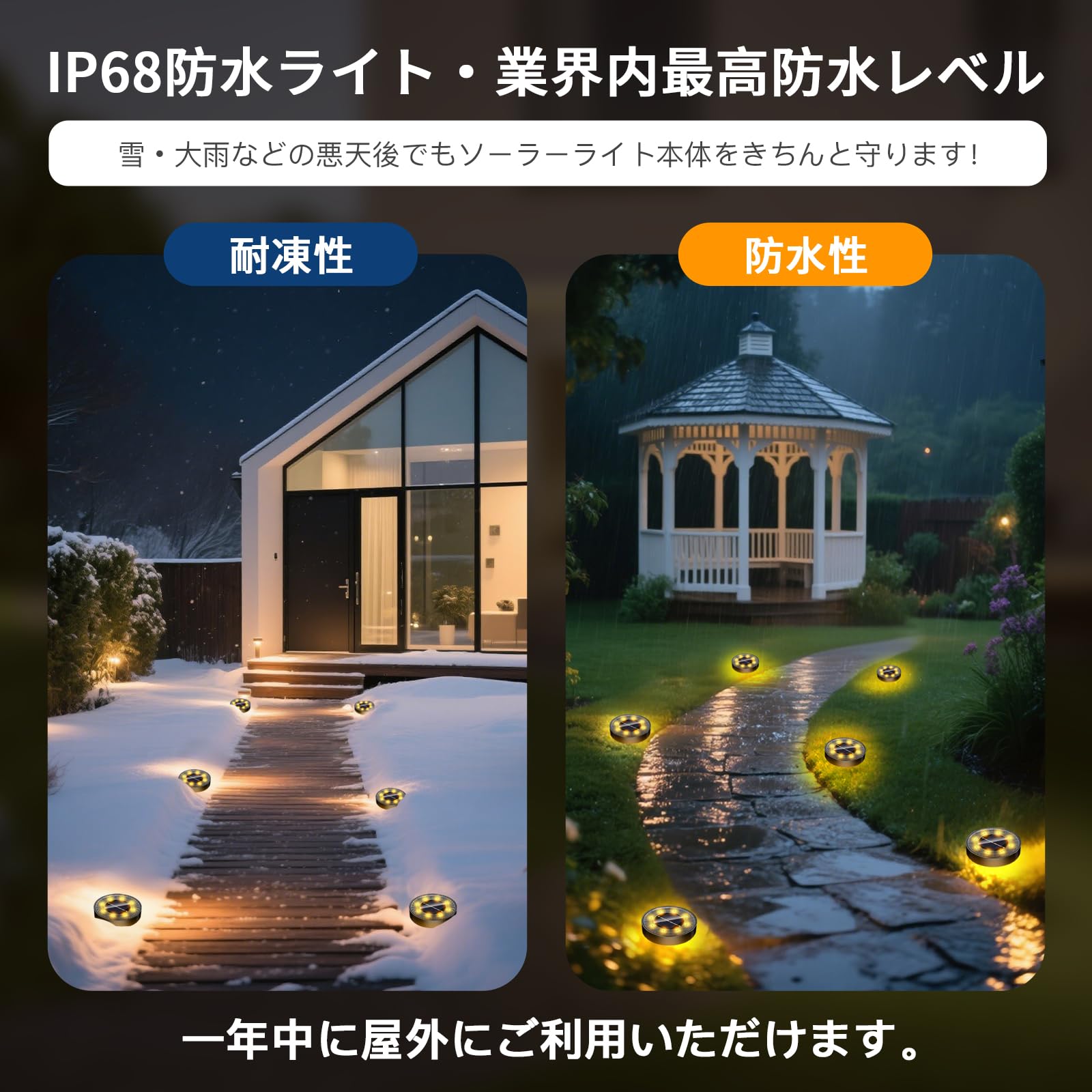 ソーラーライト 屋外 IP68防水 埋め込み式 水中ライト ガーデンライト おしゃれ ソーラー 自動点灯 光センサー 太陽光パネル充電 庭/玄関先/芝生/車場/歩道 設置簡単 防災対策 防犯ライト 置き型 電球色 高輝度 LED (8)