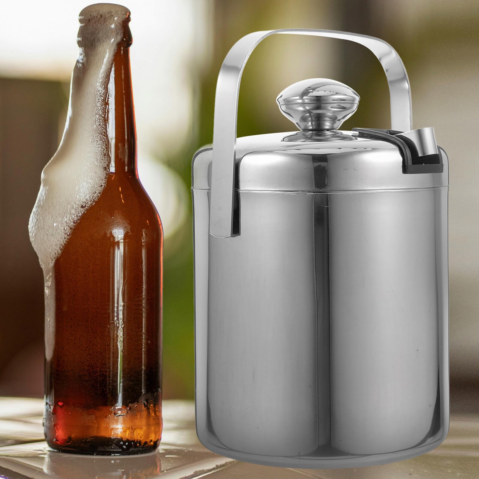 Seau à Glace Acier Inoxydable Double Paroi avec Couvercle et Filtre Seau à Glaçons Renforcé pour Bar Isolation Thermique et Résistance Aux Rayures pour Vin et Boissons
