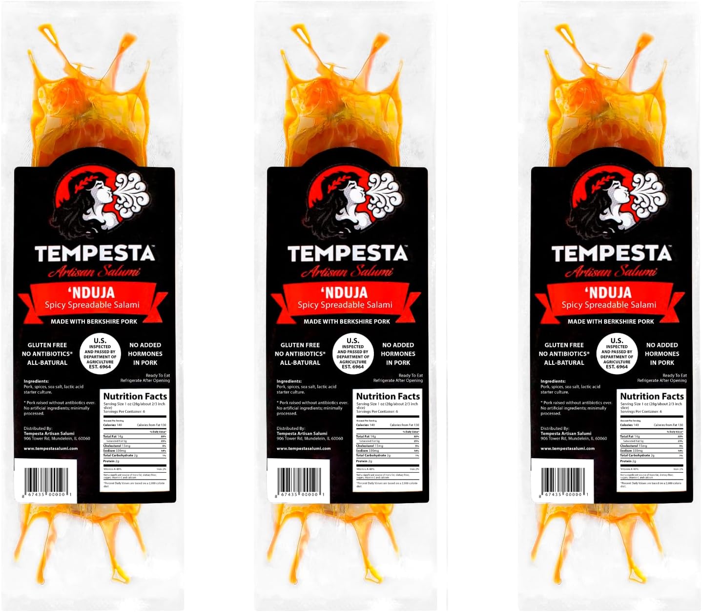 Tempesta Artisan Salumi | Nduja | Spicy Spreadable Salami | Famous and Versatile Calabrian Salami, 4.5 oz each [Pack of 3]