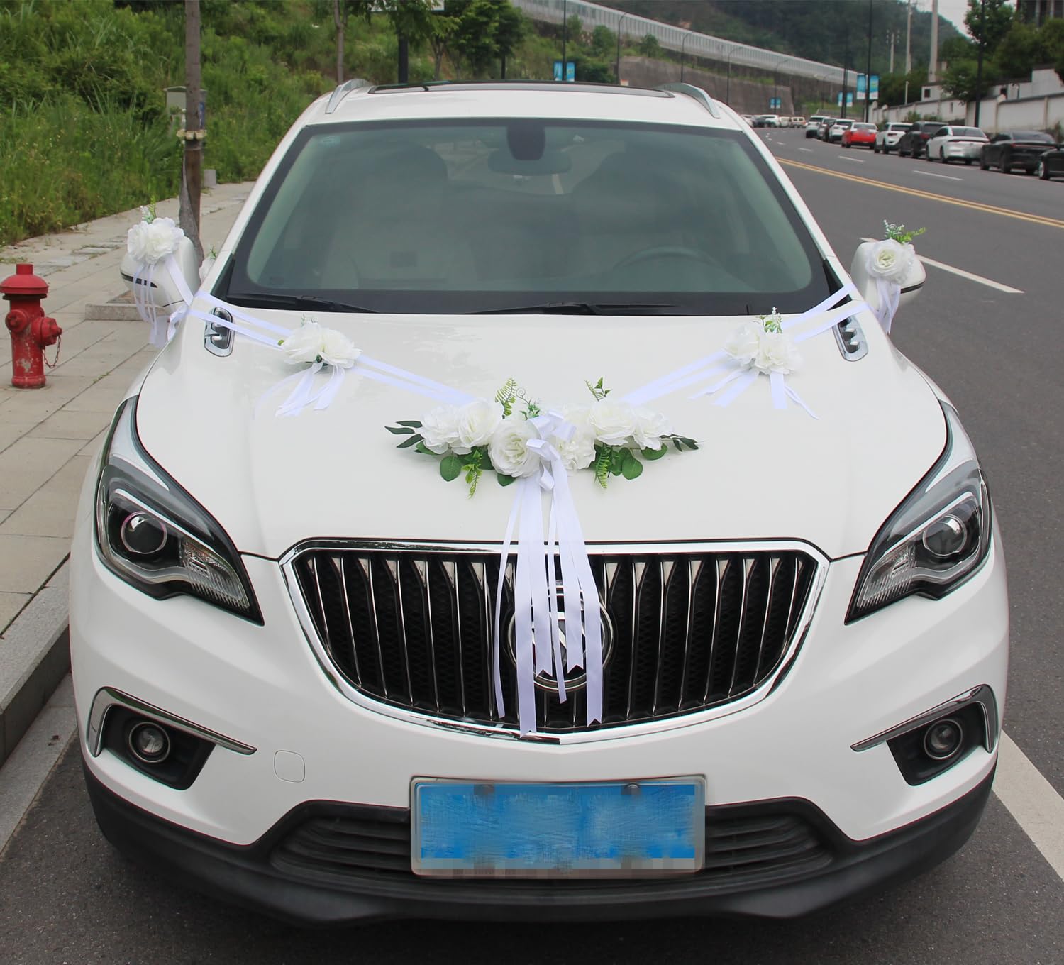 Chexin Ensemble de décoration de voiture de mariage Premium, roses blanches, capot mariée et marié
