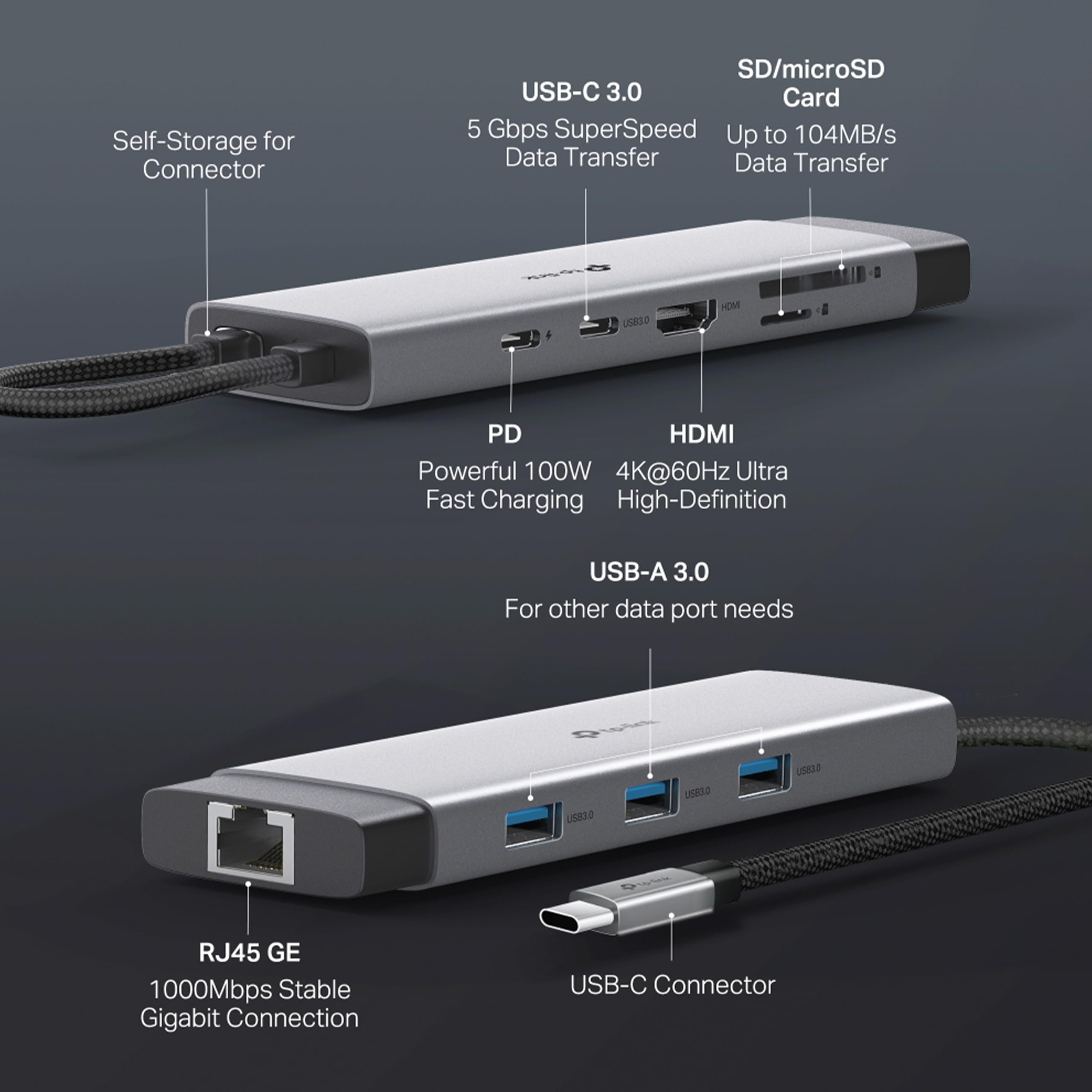 UH9120C, koncentrator USB typu C 9 w 1, 4K przy 60 Hz HDMI, 1 Gb/s Ethernet, SD i microSD UHS-I, zasilacz 100 W, 1 x port danych USB-C, 3 porty danych USB-A