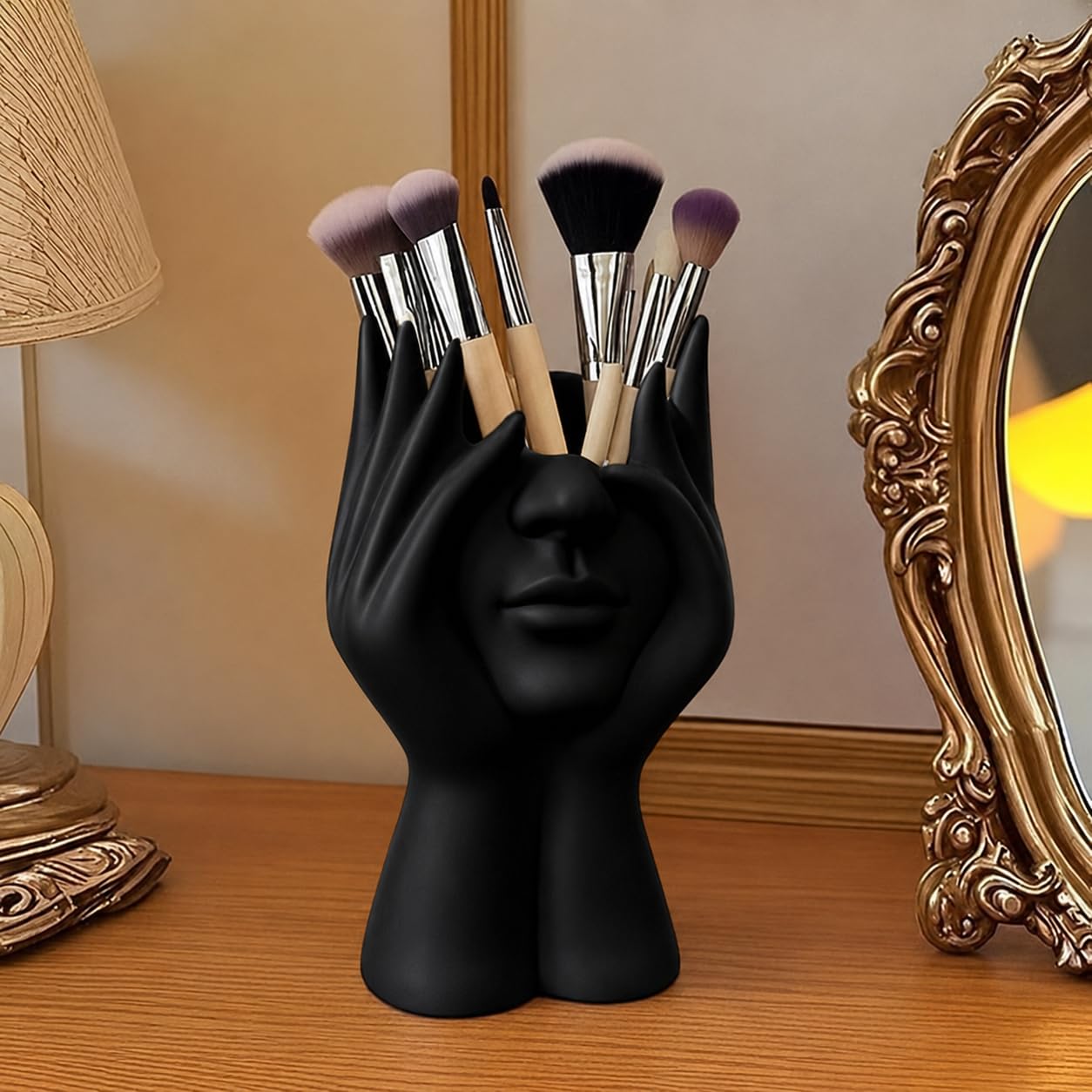 Abstract Face Art Decorative Vase for Home, Balcony & Table Décor | Multipurpose Makeup Brush & Flower Holder | Plastic Planter (Black)-image-10