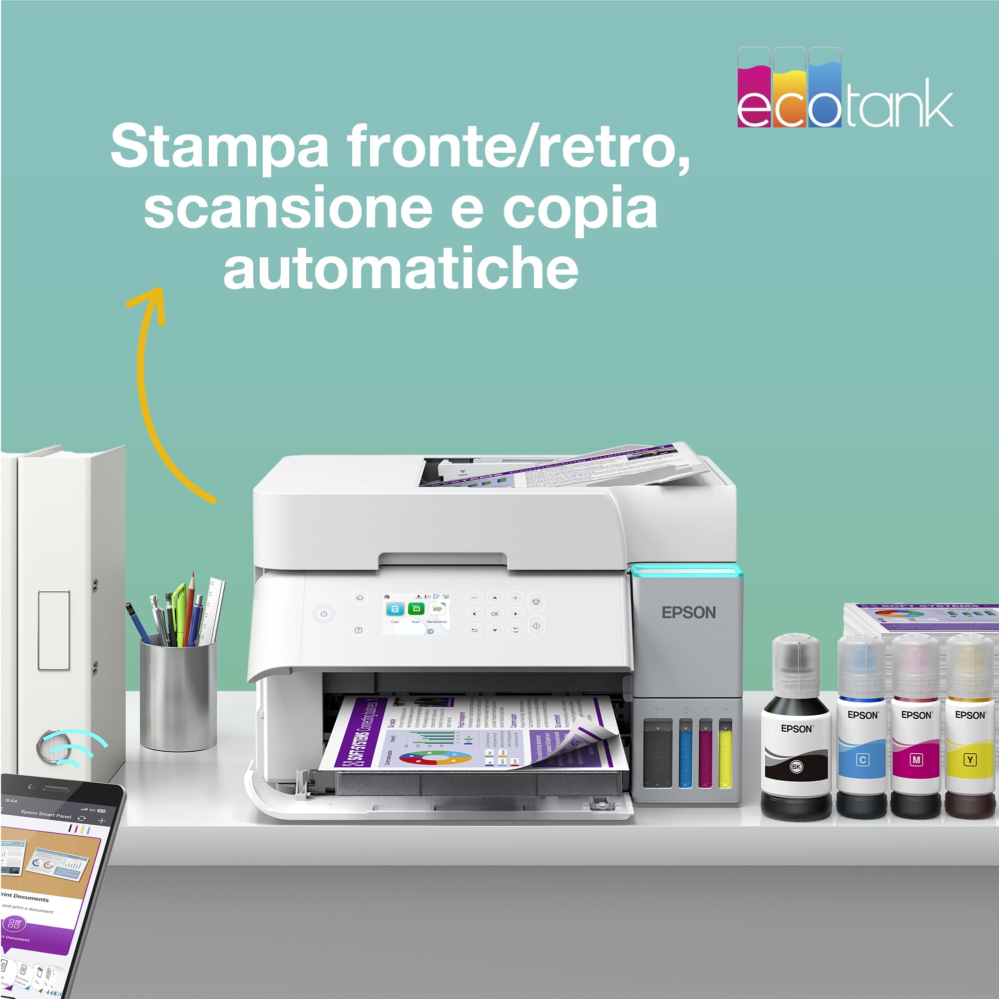 Epson EcoTank ET-3956 Stampante con Serbatoi D’inchiostro | Home Office | Wi-Fi | A4 | Fronte/Retro Stampa, Copia, Scansione | Display LCD 6.1 cm | ADF Da 30 Fogli | 3 Anni D'Inchiostro Inclusi
