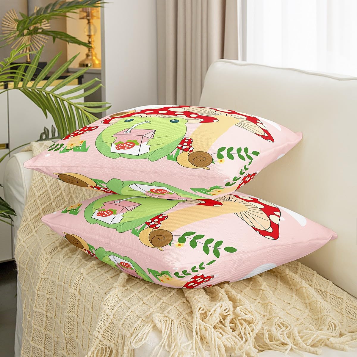 Federe Per Cuscini Divano 45x45 Con Simpatiche Rane E Funghi - Cuscino Decorativo In Lino E Cotone
