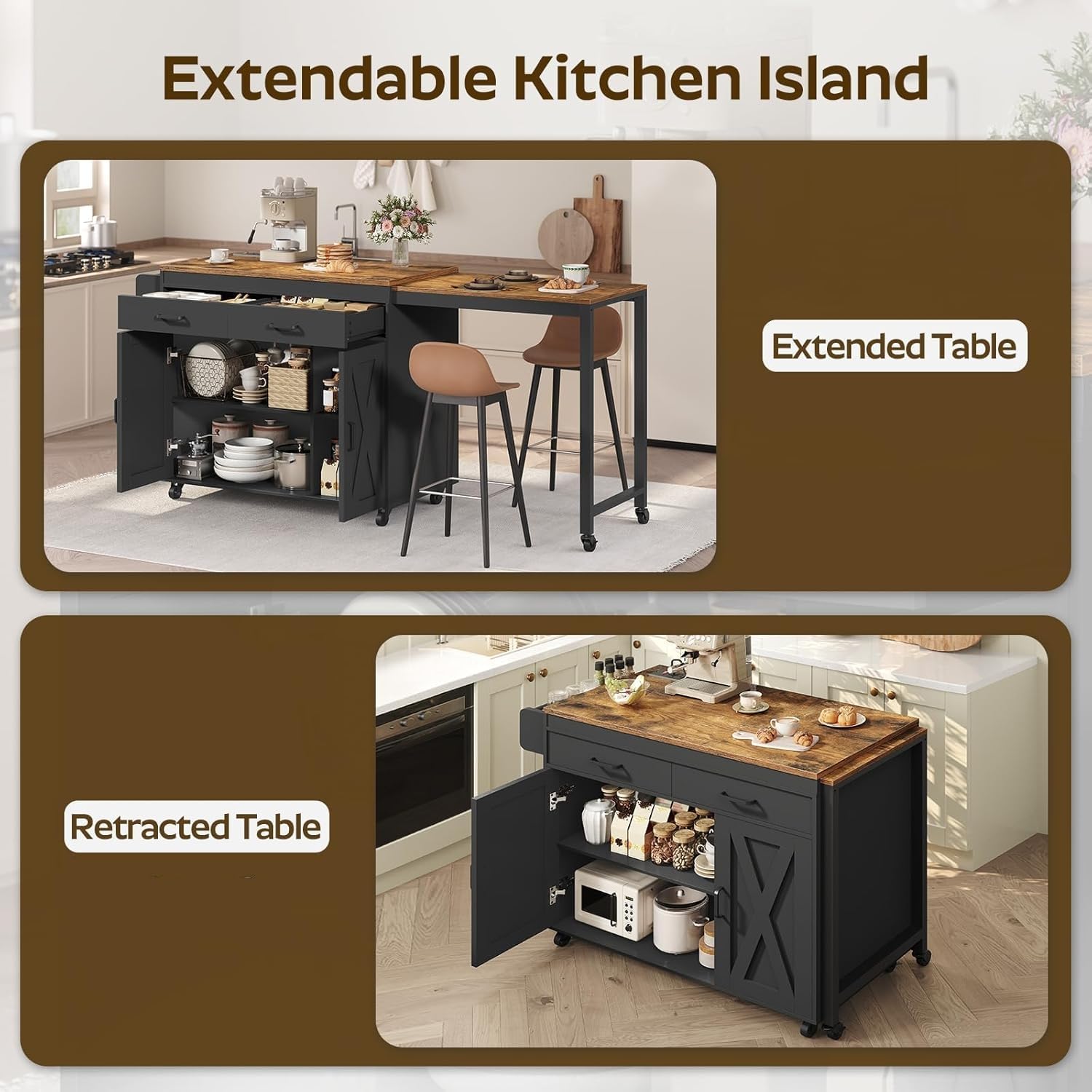 YATINEY Extendable Kitchen Island, Mobile Kitchen Cart, Multifunctional Island Table with Charging Station, Large Drawers, Spice Rack, Black and Rustic Brown ZD03UBR
