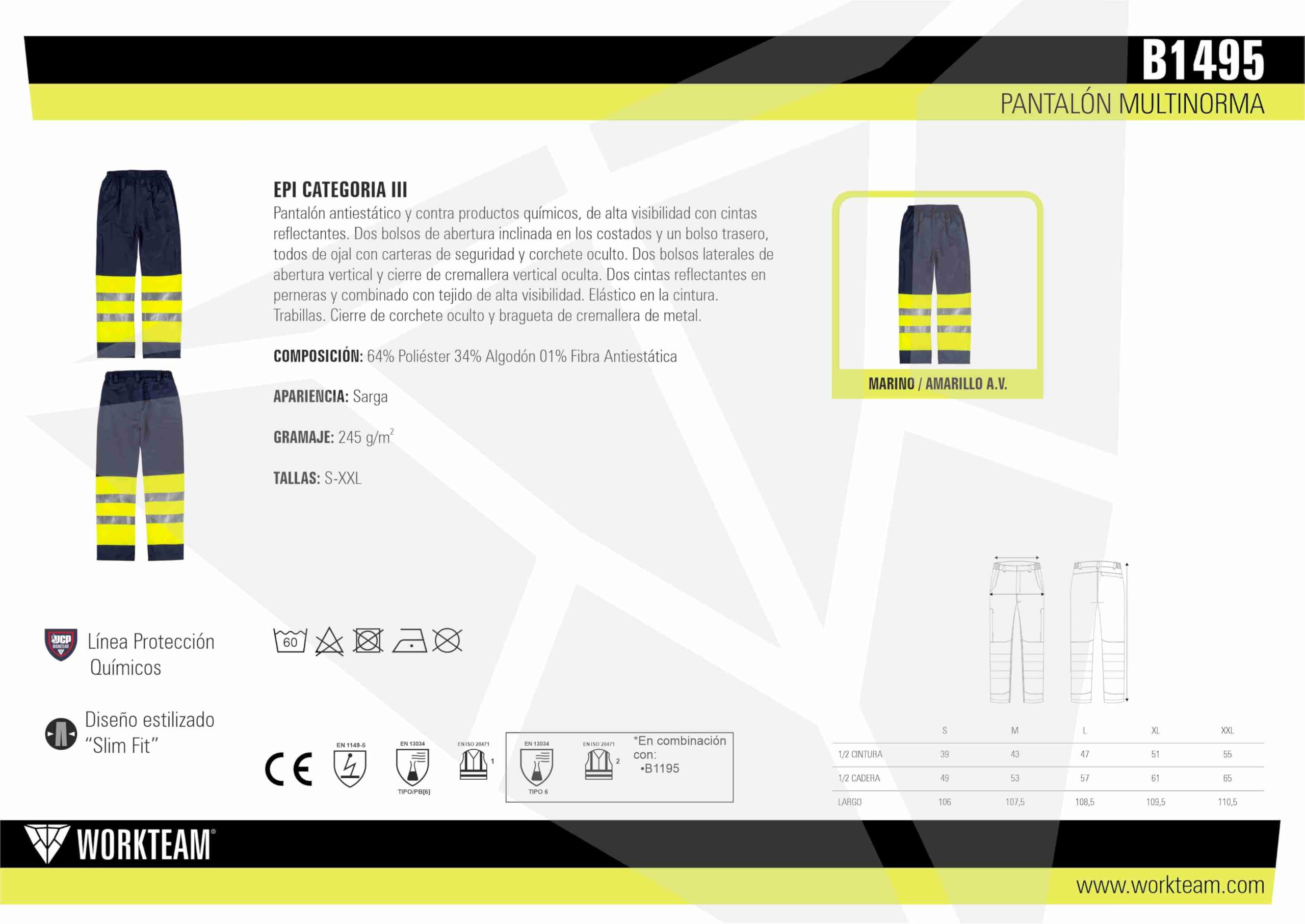 WORKTEAM Pantalón Antiestático y contra Productos Químicos para Hombre, Slim Fit, de Alta Visibilidad Clase 1 ISO 20471 con Cintas Reflectantes, Bolsillos Funcionales y Cintura Elástica
