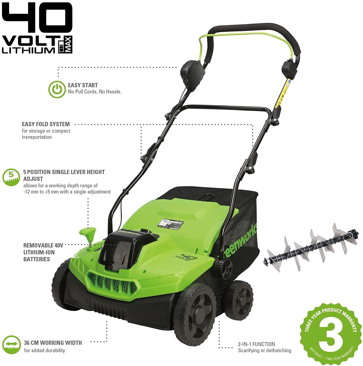 Greenworks Rouleau porte-lames de rechange ASC-SC-GW (convient aux scarificateurs à batterie GD40SC36 et GD48SC36)