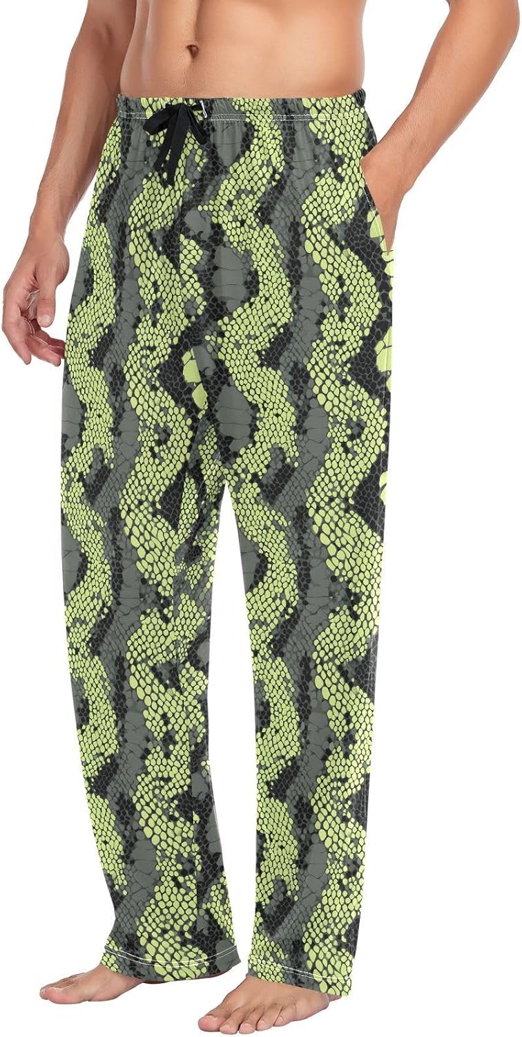 ALAZA Light Green Snake Print Men's Pajama Pants Men Cotton Pajama Bottoms with Pockets, S