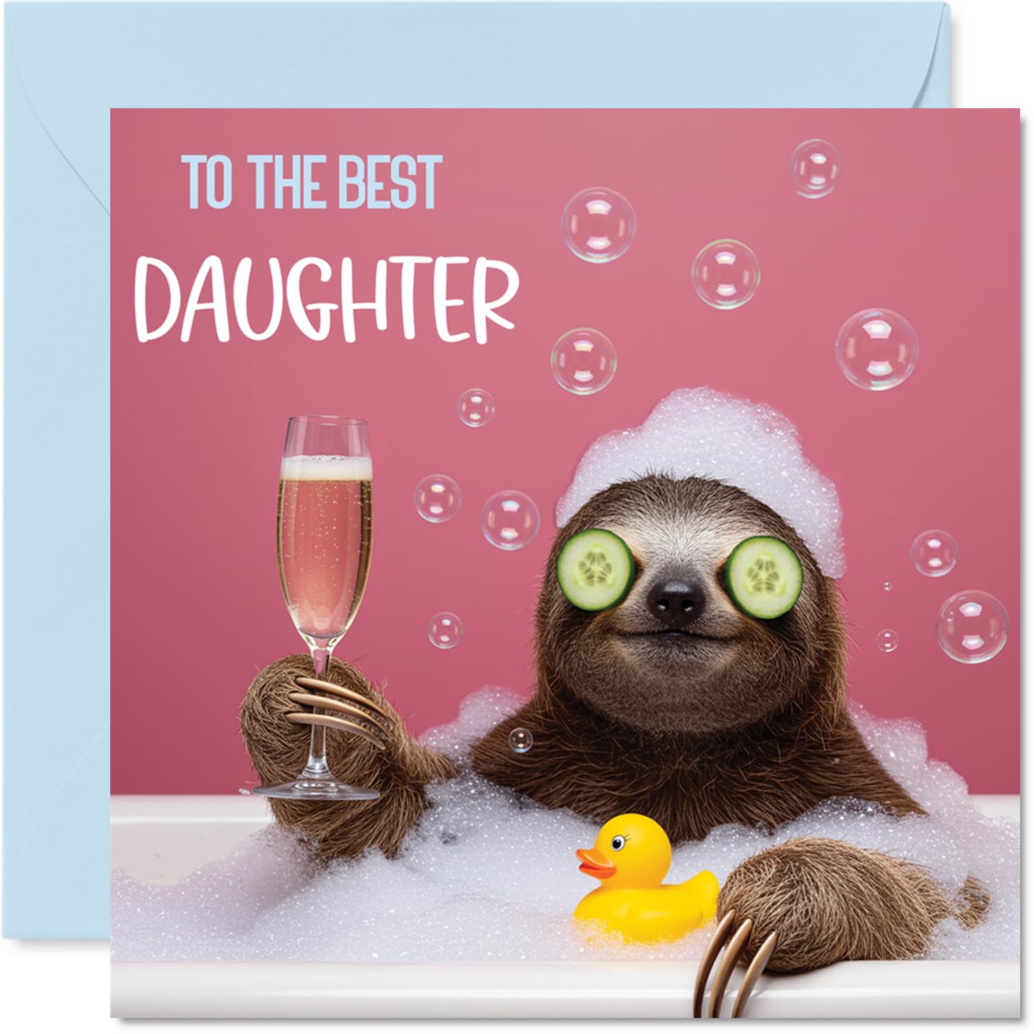 Playful Birthday Card for Daughter - Pamper Time Vibes - Sloth in a Bubbly Bath with Champagne and Rubber Duck - 145mm Square, Envelope Included