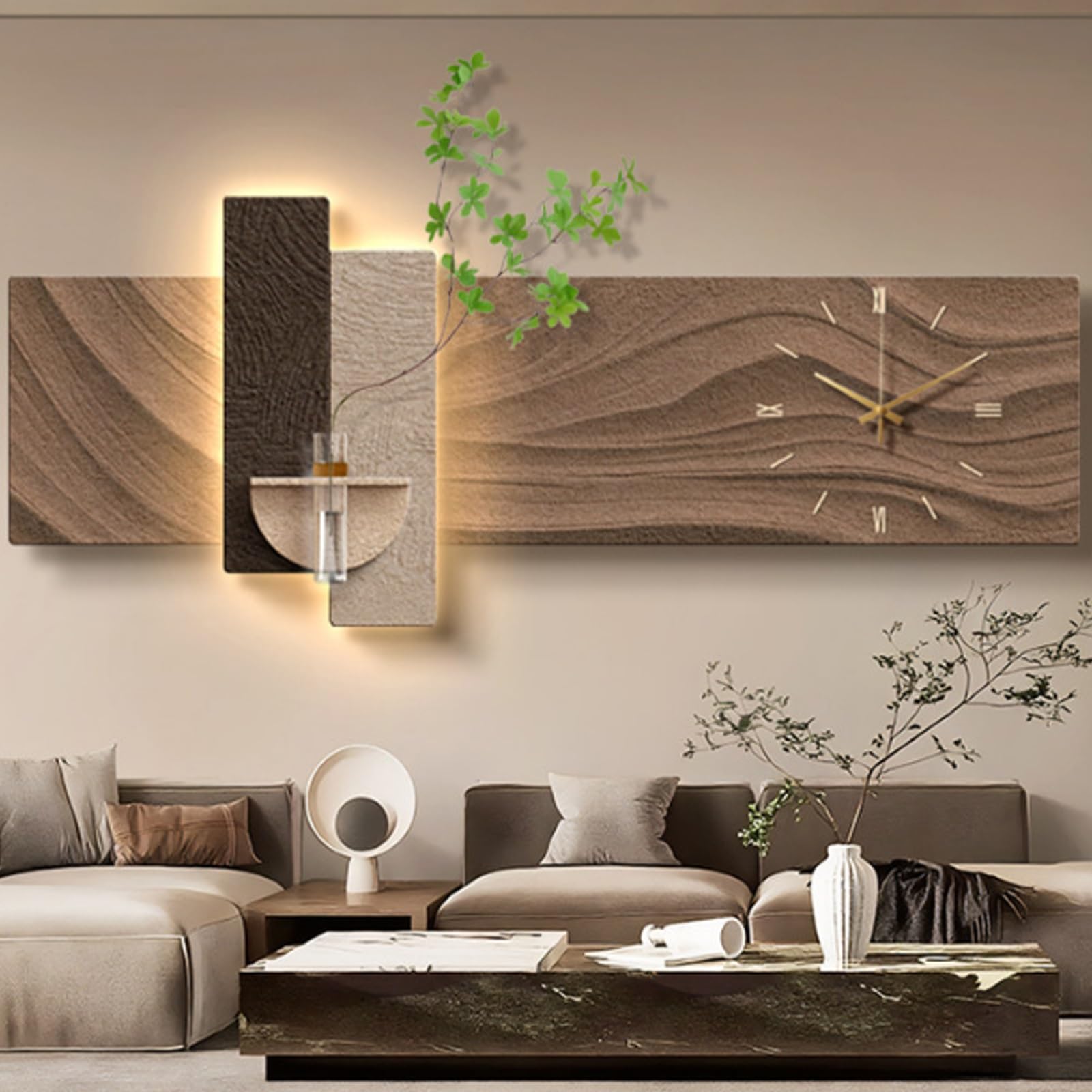 Arte da Parete per Il Divano del Soggiorno | per Comodino della Camera Letto | Orologio e Decorazione murale in arenaria, Complementi d'arredo per soggiorni(D,150 * 60cm/59.1 * 23.6in)