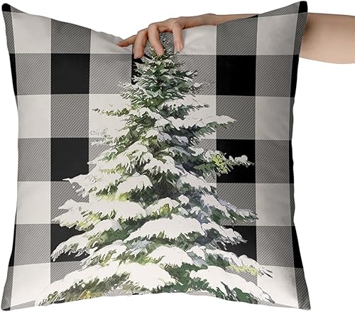 Miniatura 2 de Fundas de almohada de invierno de 18 x 18 pulgadas, juego de 2 fundas de almohada a cuadros de búfalo, fundas de almohada de árbol de Navidad,